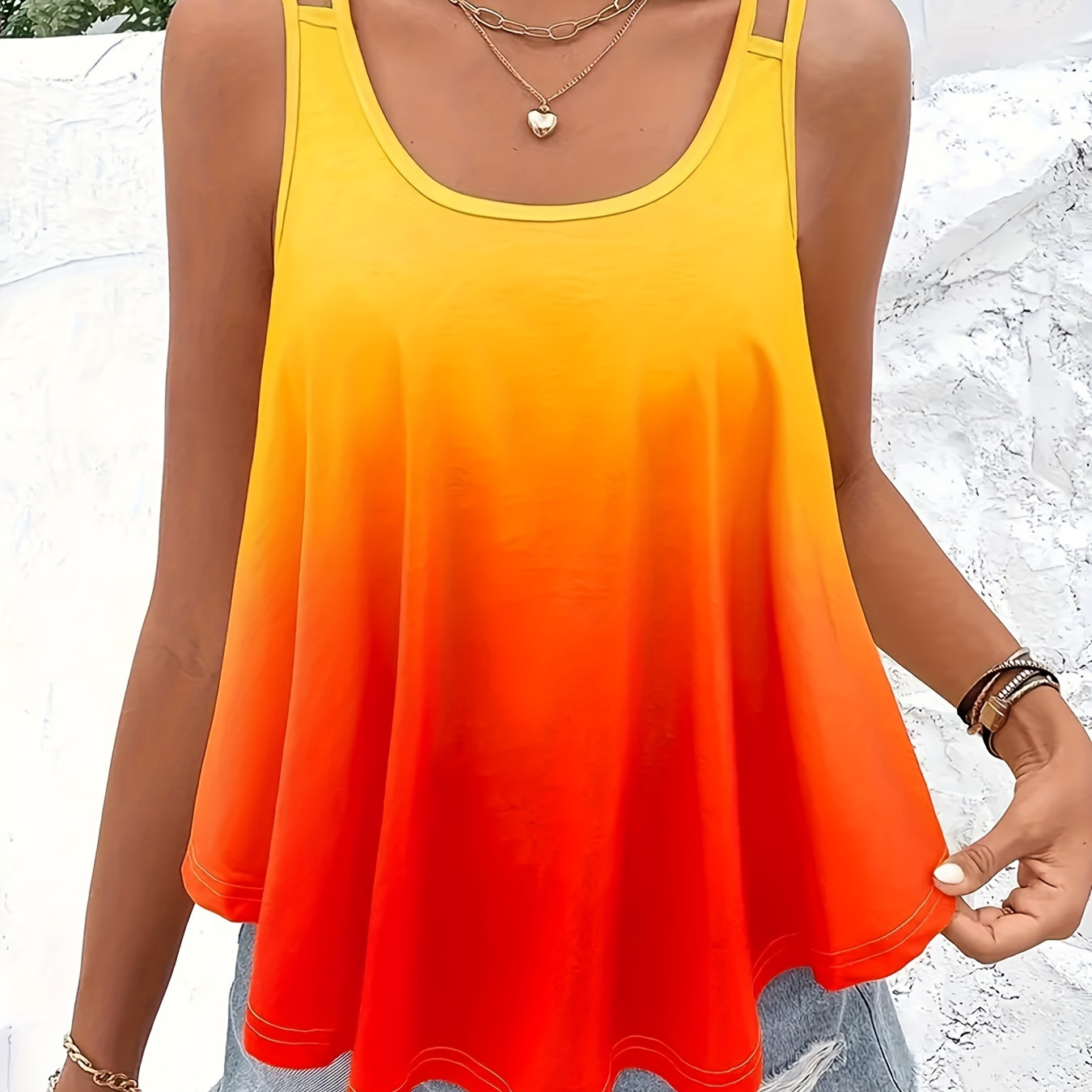 

Plus Size Ombre Cut Out Tank Top, Casual Crew Neck Sleeveless Top For Summer, Women's Plus Size clothing