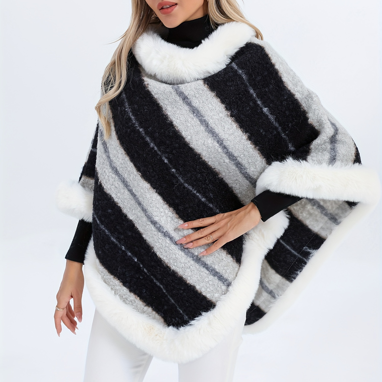 

Two-tone Fuzzy Trim Poncho, Elegant Thermal Hanky Hem Crew Neck Sweater For Fall & Winter, Women's Clothing