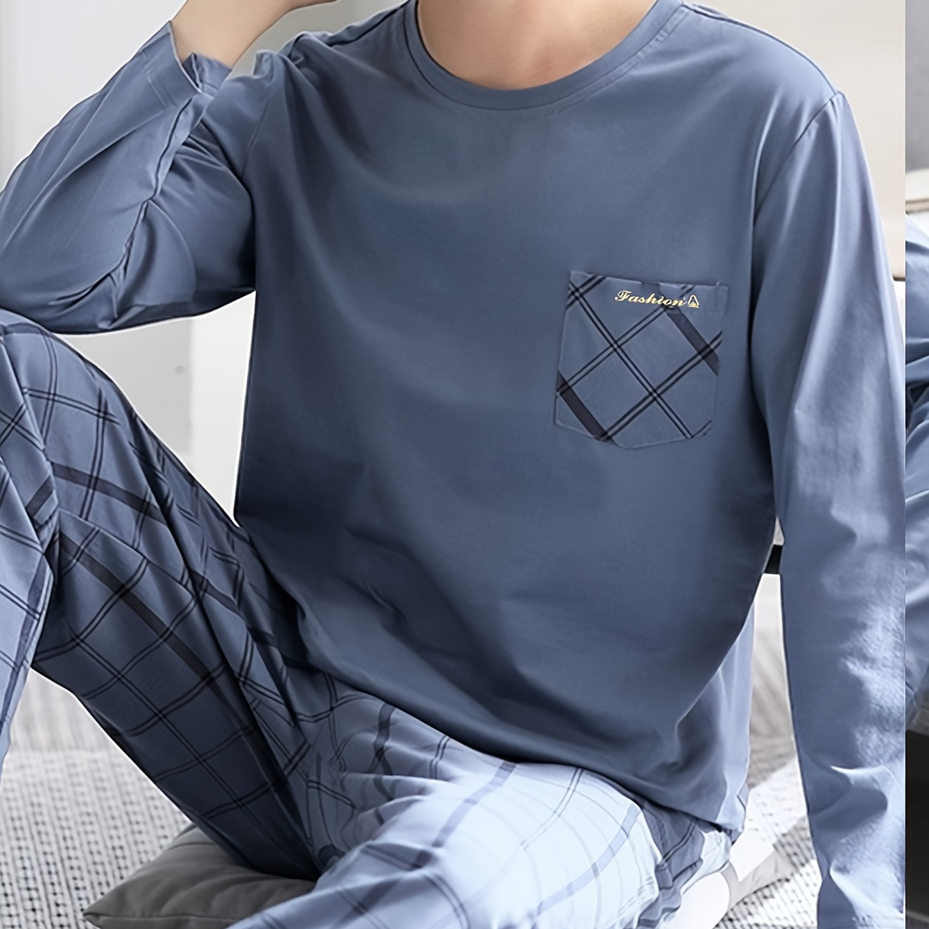 

High-end 2 Pcs Men's Classic Letter Plaid Print Pocket Long Sleeve & Plaid Long Pants Pajama Set, Comfortable & Skin-friendly Pajamas For Men's Cozy Loungewear