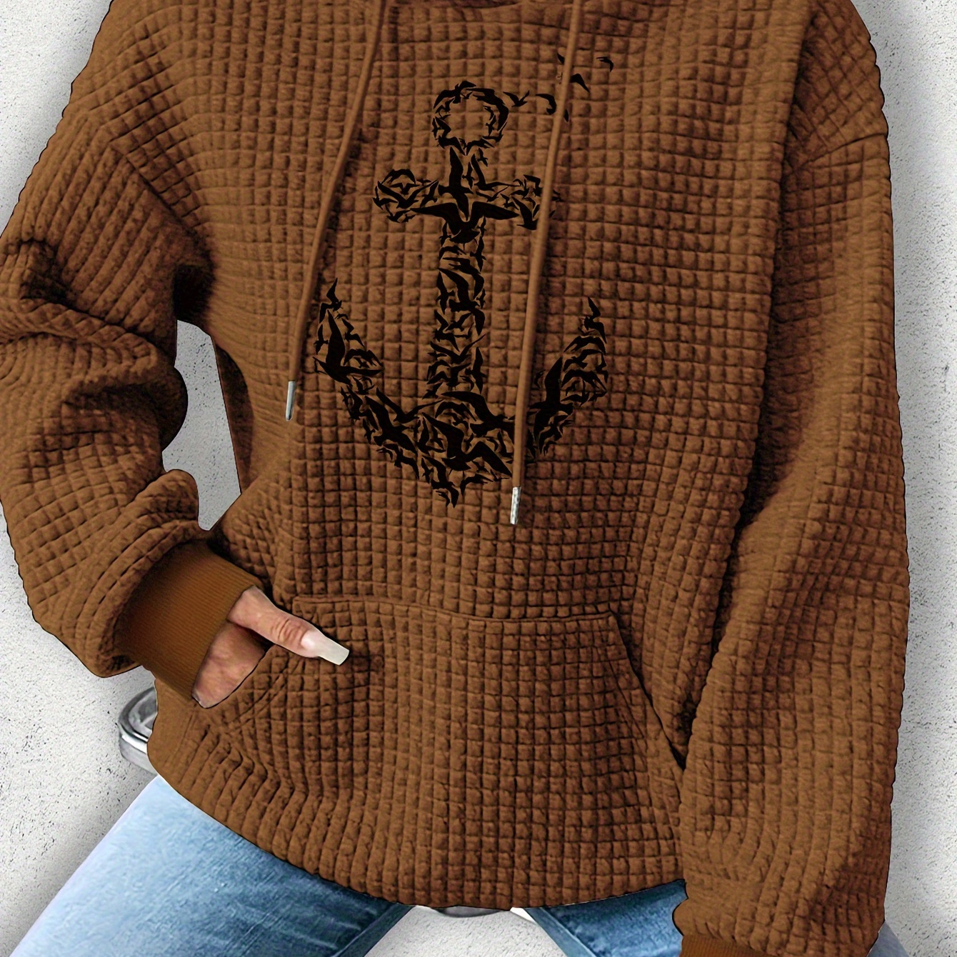 

Pull à capuche imprimé Anchor, sweat-shirt à capuche décontracté avec cordon de serrage pour l'hiver et l'automne, vêtements pour femmes