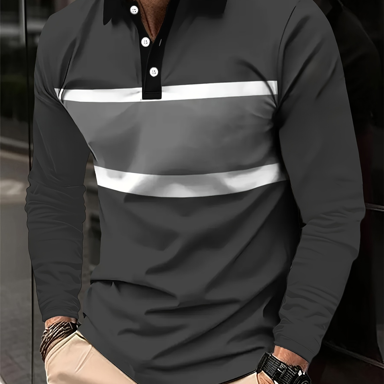 

Men's Color Blocking Simple Lapel T-shirt For All Seasons, Casual Stylish Long Sleeve Golf Tops As Gift