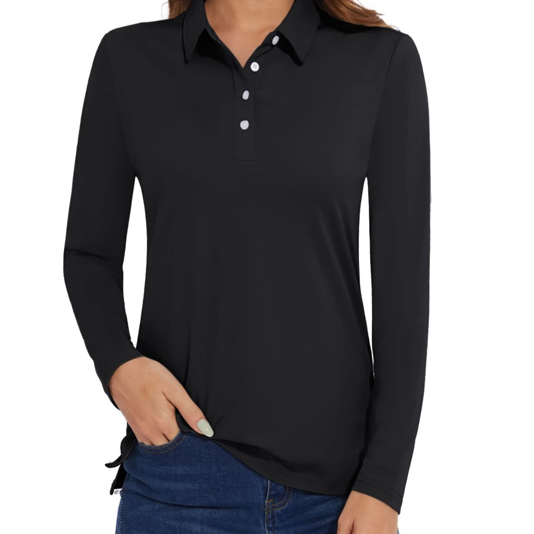 

Women's Long Sleeve Polo Shirt, Slim Fit Sports Tee, Sun Protection Lightweight Golf Work Top, Pullover Design With Side Slit & Buttons, Classic Collared Athletic Shirt