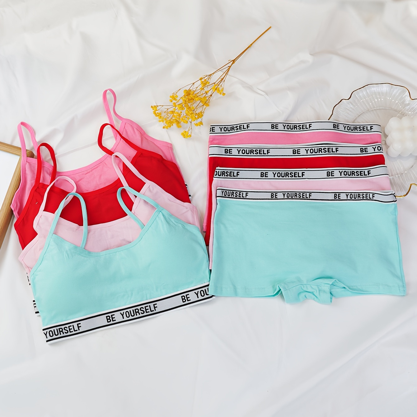 

8pcs Set Cotton Girls Briefs + Bralette Simple Solid Color Girls Soft Casual Underwear Set For 12-16 Y