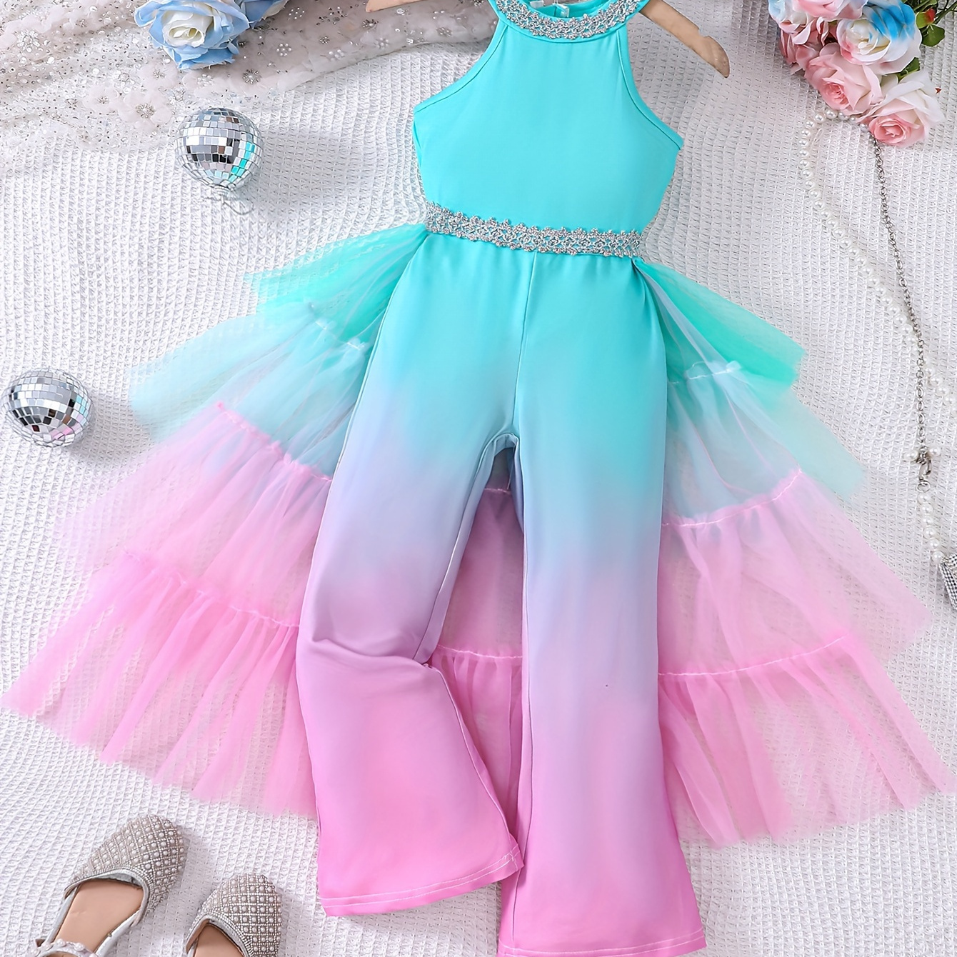 

Girl's Stylish Gradient Mesh Decor Jumpsuit, Elegant Romper For Party Performance Gift Summer Outdoor