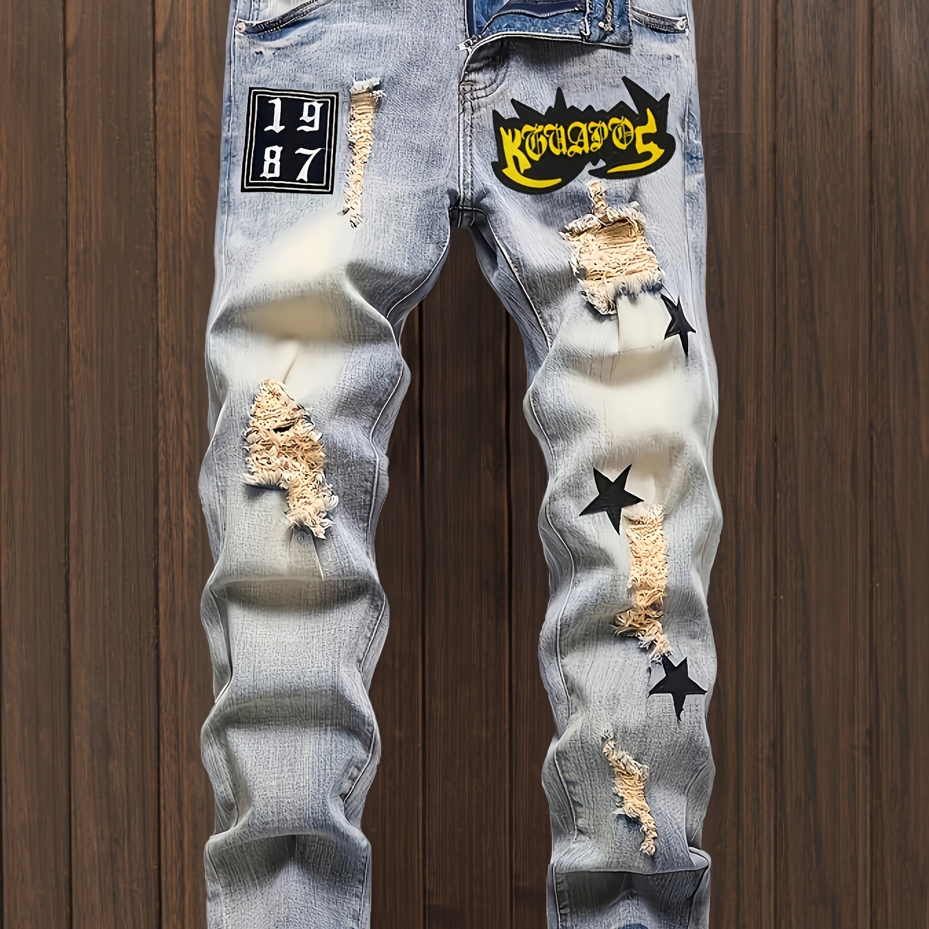 

Men's Trendy Ripped Embroidered Patches Jeans, Casual Washed Denim Pants, Novelty Barrel Jeans