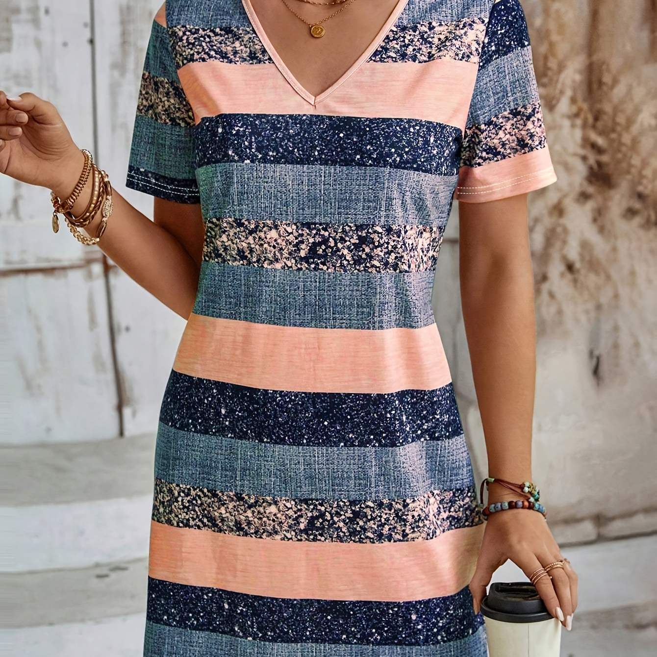 

Women' Casual Striped Print V-neck Short Sleeve Dress, Polyester 95% Spandex 5%, Knit Fabric, A-line Style For Spring/summer/fall, Casual Summer Dress | Aline Silhouette | Stretchable Fabric