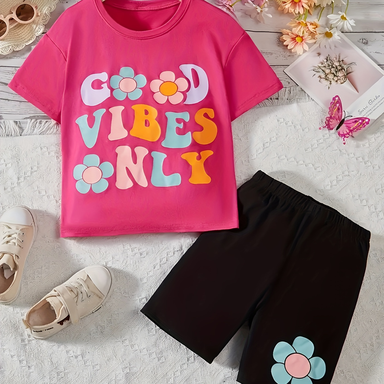 

Onlyprint Girl's Outfit, Short Sleeve Graphic Top + Shorts Holiday/casual Set Summer Party, Gift