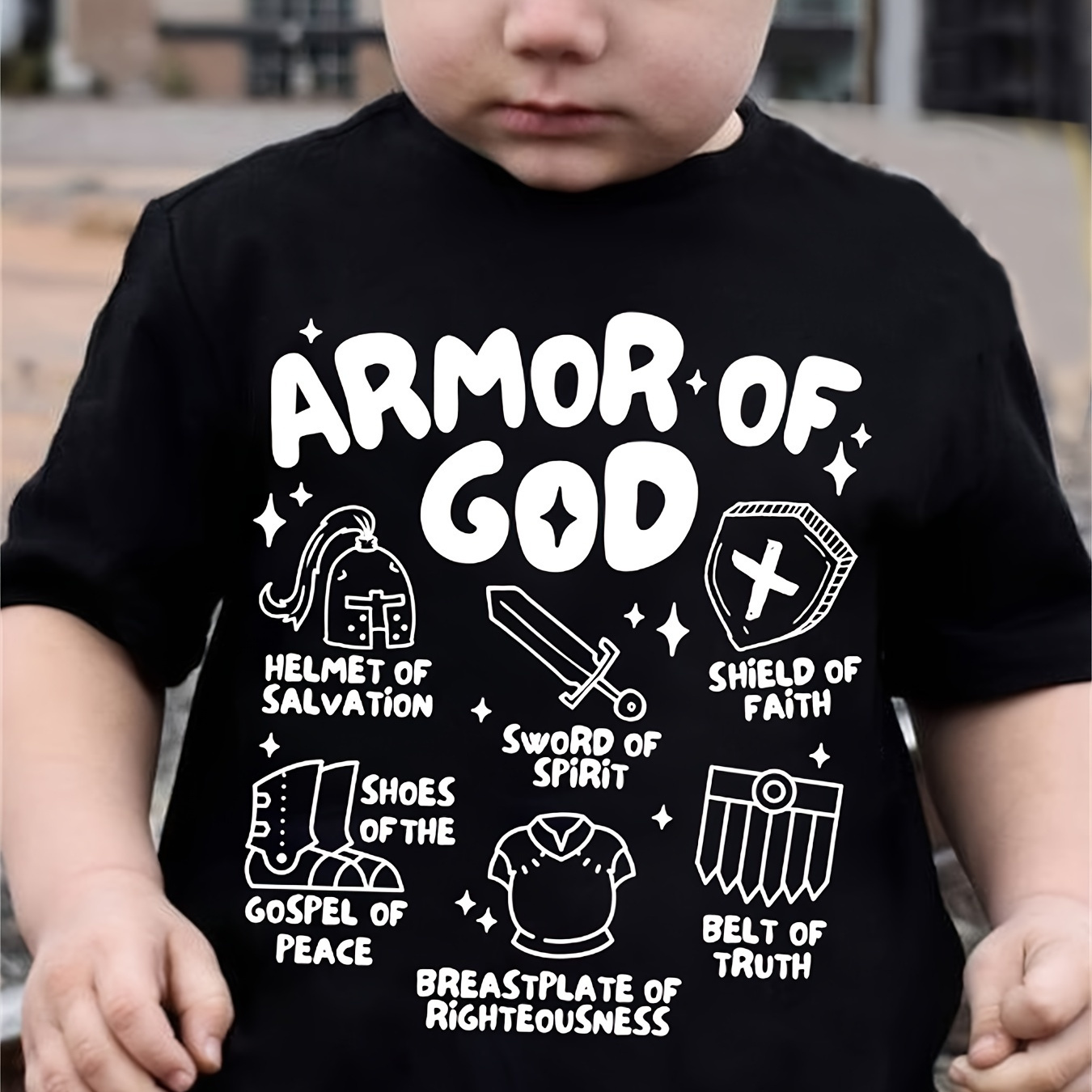 

Armor Of God Print Children's Vitality T-shirt, Summer Sports Lightweight Comfy Round Neck Short Sleeve Casual Top