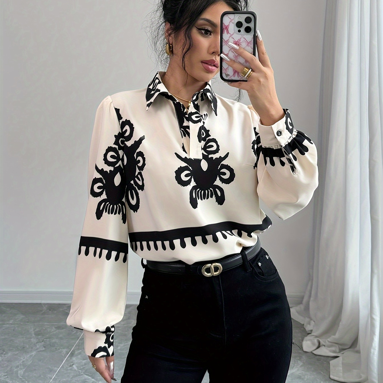 

Elegant Polyester Blouse With Lantern Sleeves, Ruffle Detail, And Lapel Collar, Woven Printed Top For Women, For Spring/fall