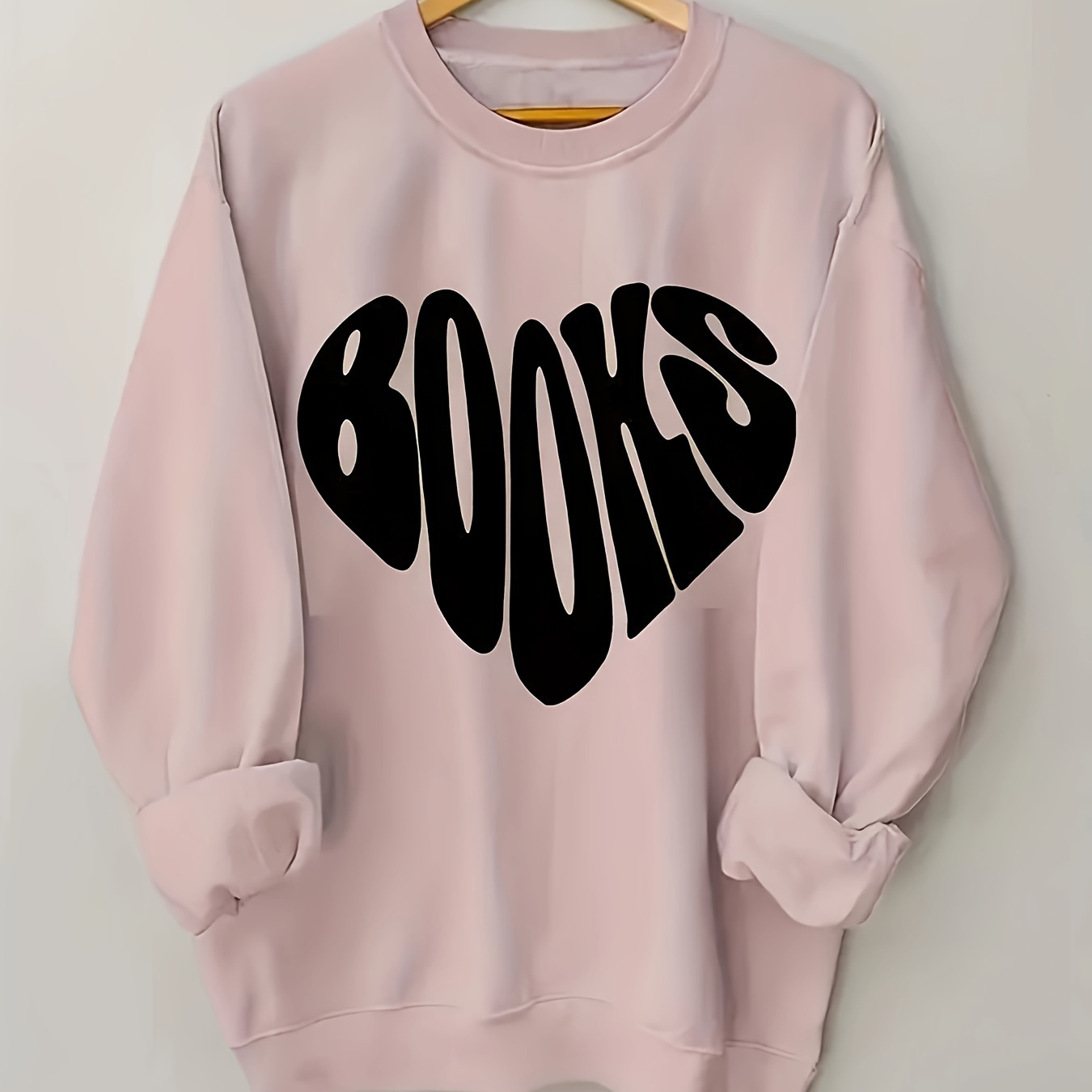 

Women's Casual Crew Neck Sweatshirt With 'books' Cartoon Graphic - 100% Polyester Knit Fabric, Perfect For Fall/winter