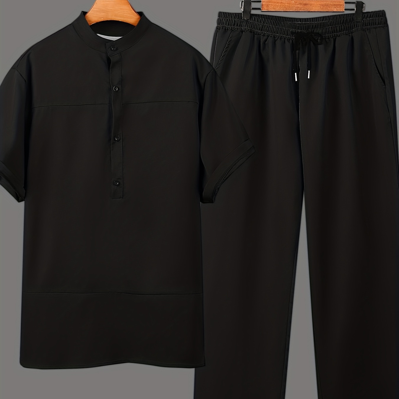 

Men's Solid Mandarin Collar T-shirt & Pants Set, Casual Chic 2pcs Outfits For Big & Tall Males, Plus Size