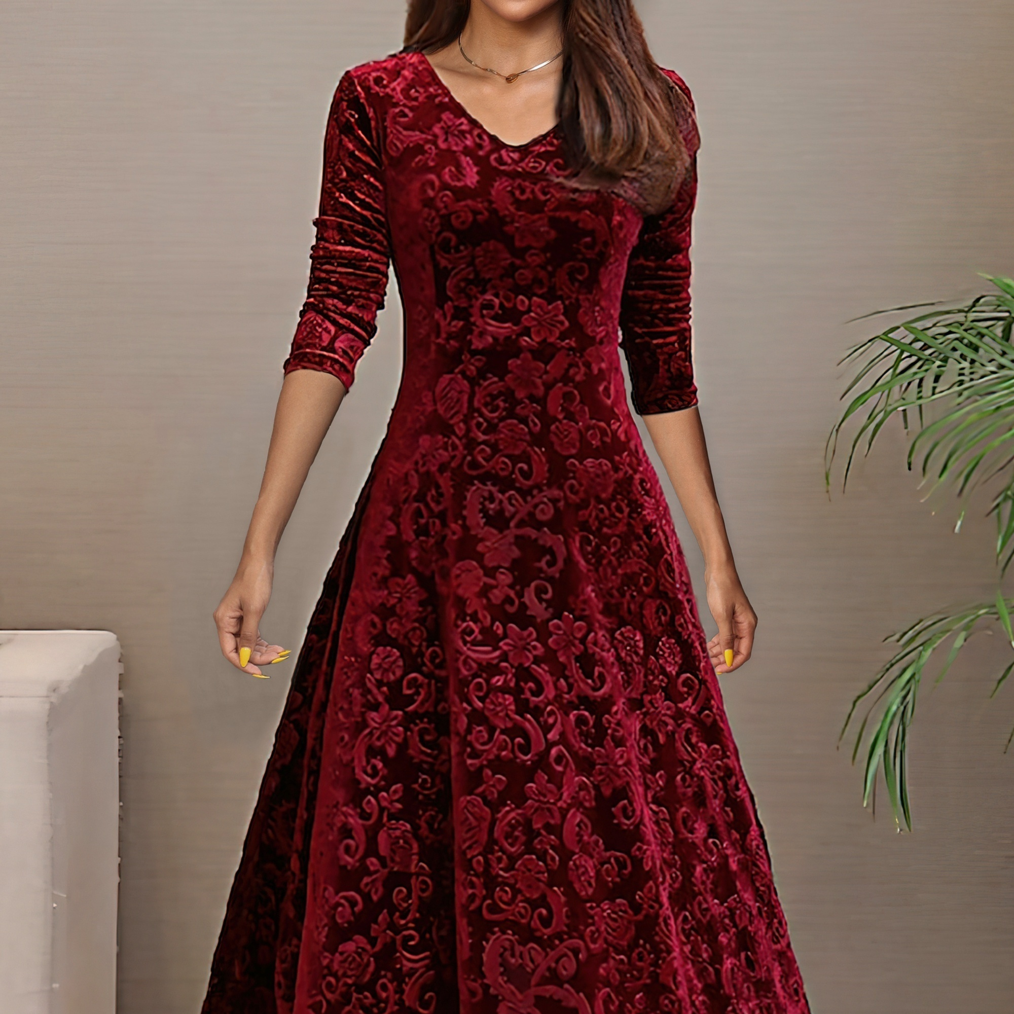 

Floral & Paisley Pattern Velvet Dress, Elegant V-neck Long Sleeve Swing Dress For Spring & Fall, Women's Clothing