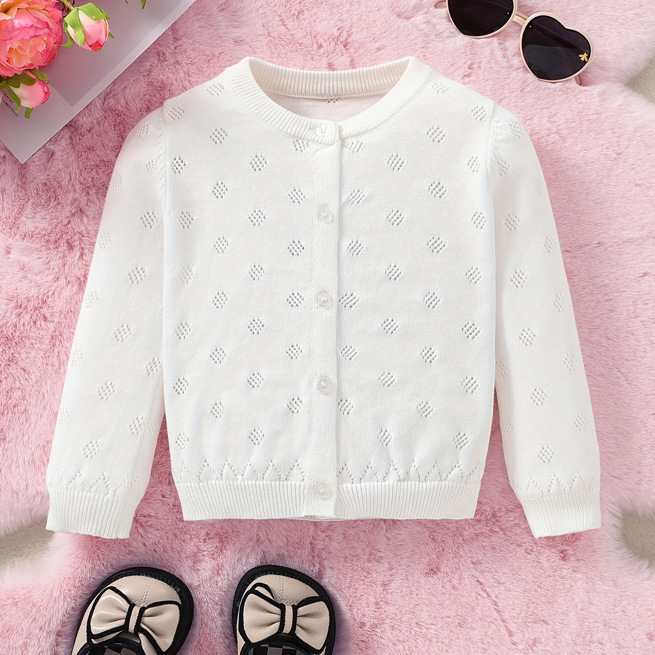 

Toddler Kid's Solid Color Breathable Cotton Cardigan, Casual Button Front Knitted Coat, Baby Girl's Clothing