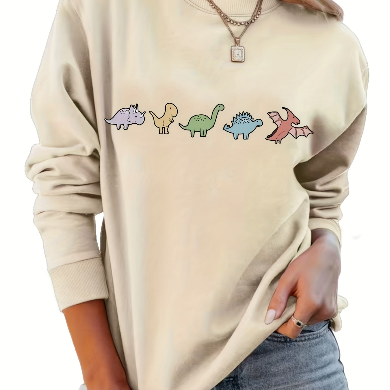 

Dinosaur Print Pullover Sweatshirt, Casual Long Sleeve Crew Neck Sweatshirt For Fall & Winter, Women's Clothing