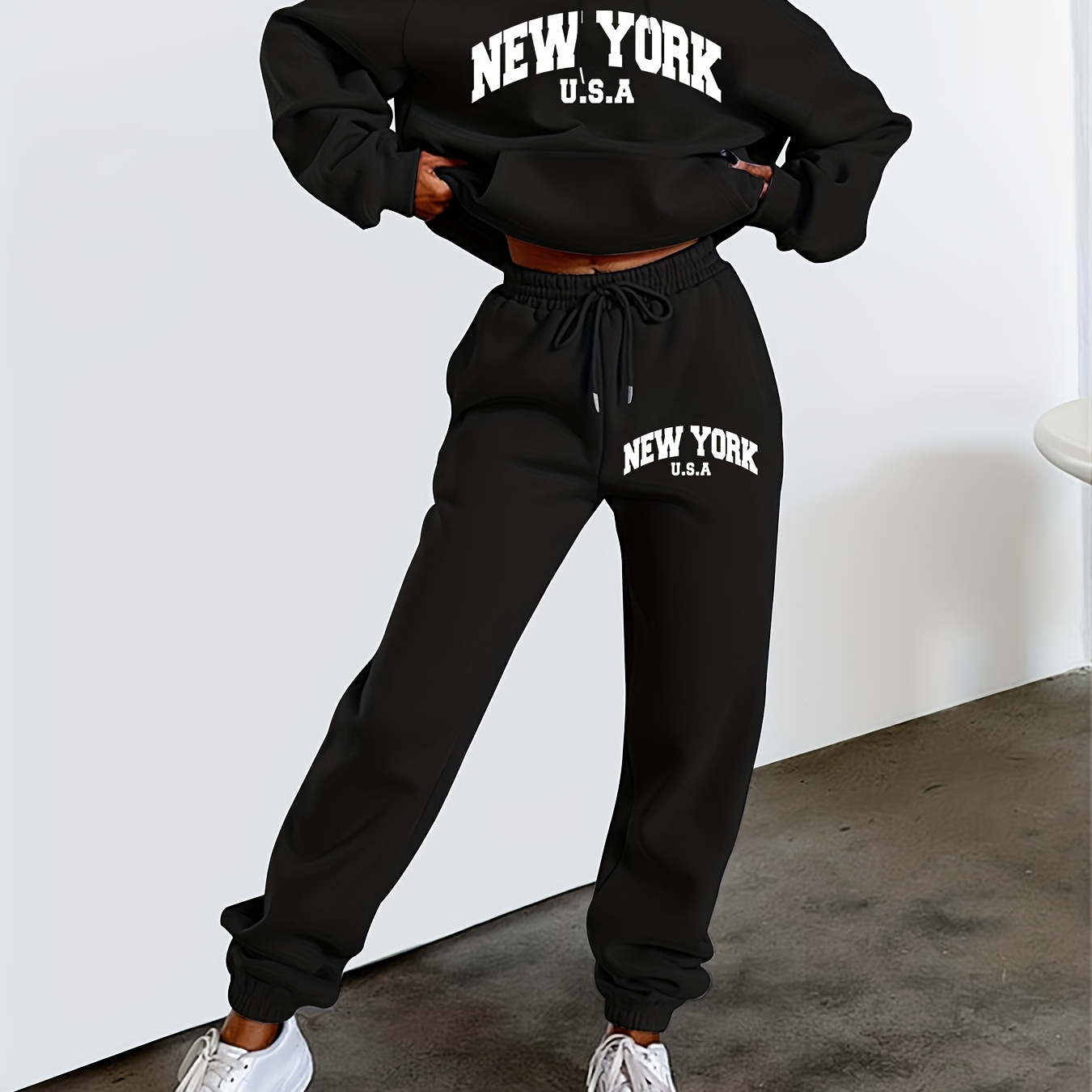 

Women's Casual Trendy Hooded Tracksuit Set - Include Long Sleeve Sweatshirt And Sports Pants, Letter Print, Drawstring, Micro-elastic, Sporty Style