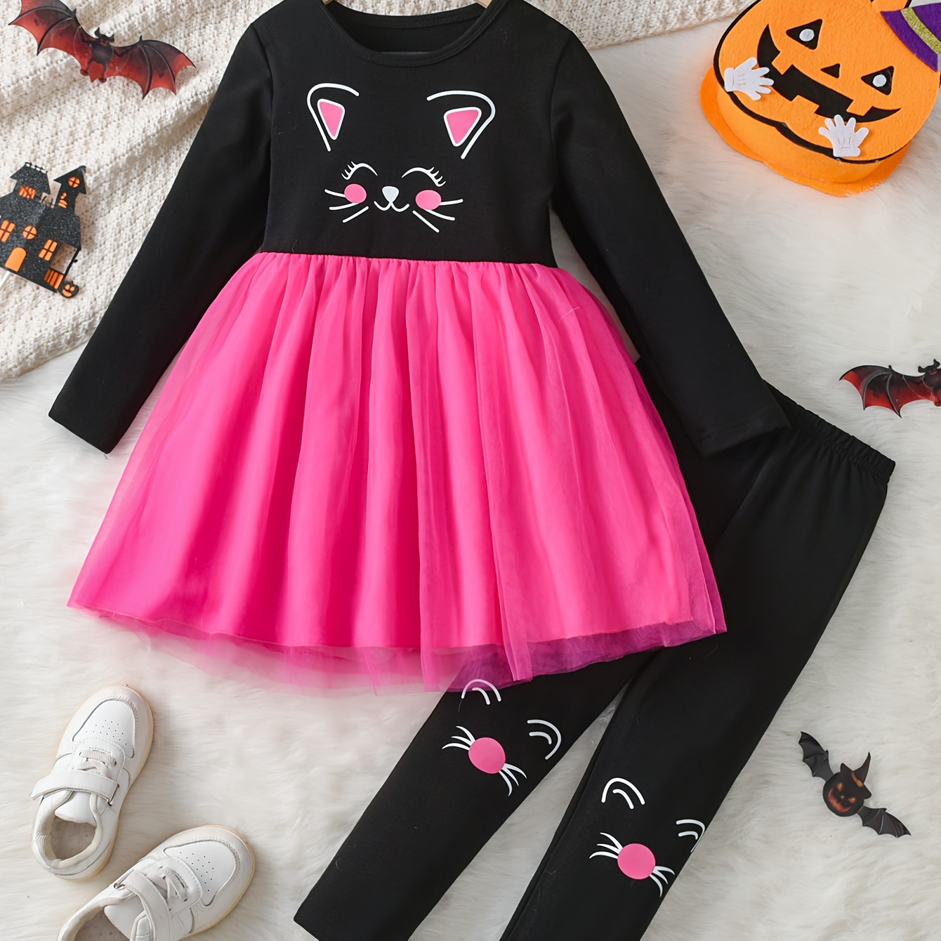 

' Cat Tulle Leggings 2pcs Set, Kids' Fall/ Outfit, Regular Fit, Polyester & , Long Sleeve, Pattern, For Parties And , For