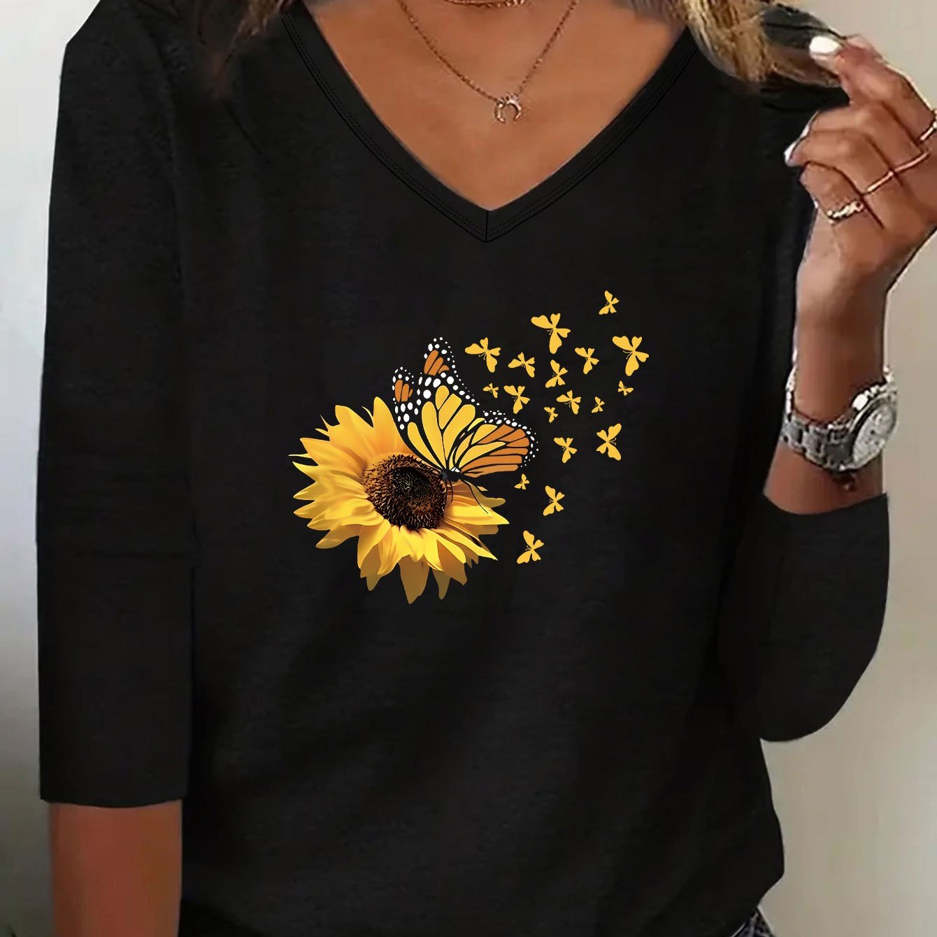 

Sunflower & Butterfly Print T-shirt, Long Sleeve V Neck Casual Top For Spring & Fall, Women's Clothing