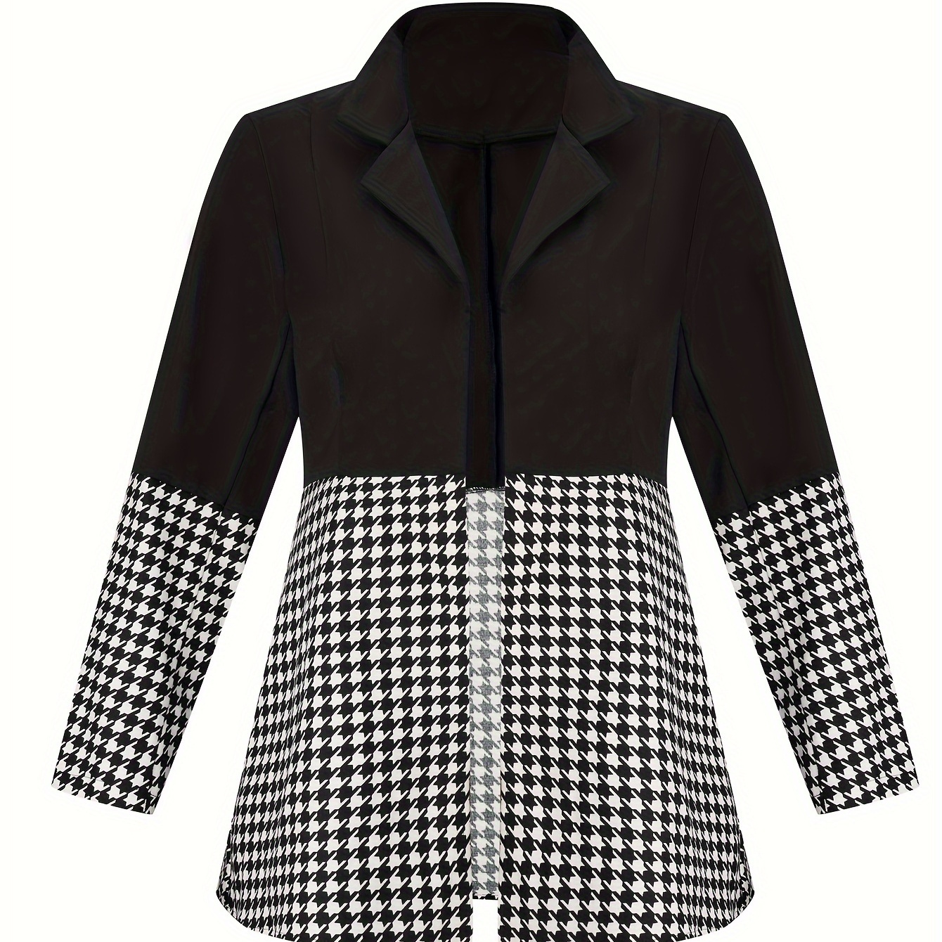 Plus Size Elegant Blazer, Women's Plus Colorblock Houndstooth Print Long Sleeve Open Front Lapel Collar Blazer