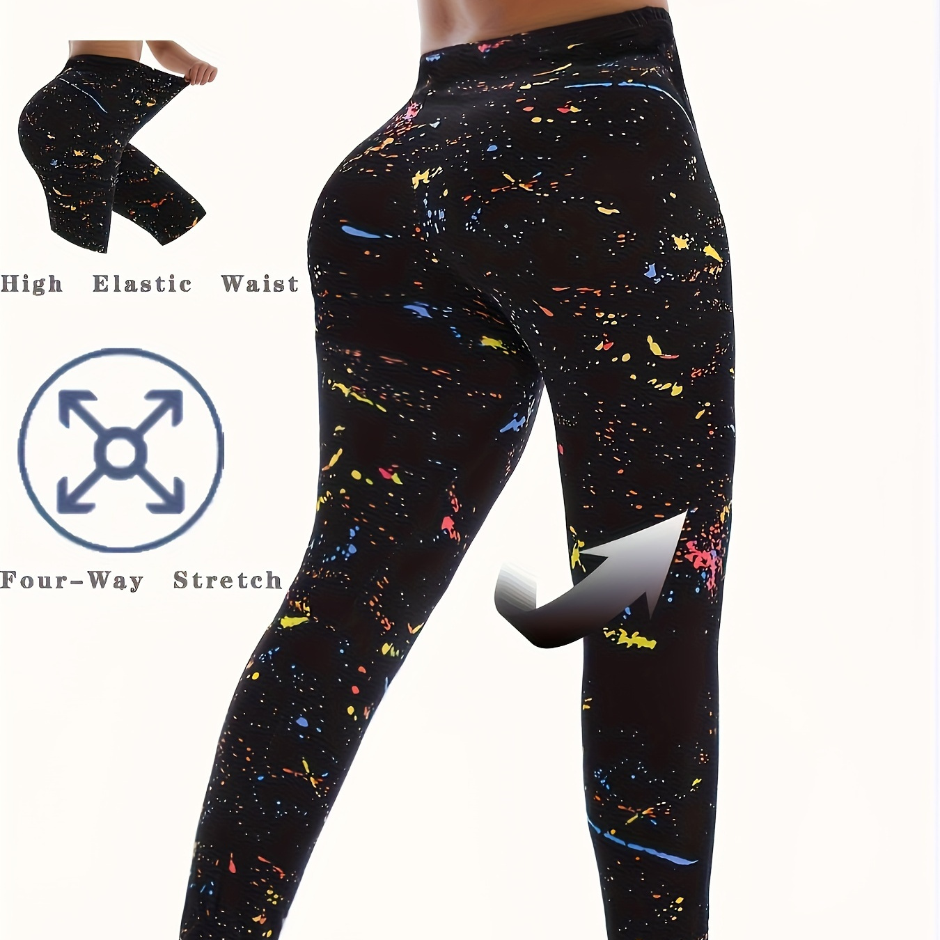 

Ink Splashing Pattern Yoga Pants, High Stretch Tight Fitting Leggings, Breathable Cropped Trousers For Women, Polyester 95.00% Spandex 5.00% Material, Tie Dye Pattern, Cropped Length, All Season