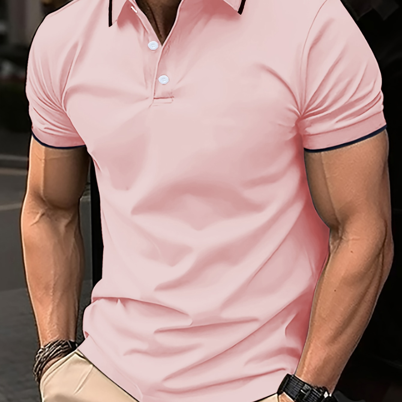 

Stripe Edge Button Up Polo Shirt, Men's Casual Solid Color Slightly Stretch Short Sleeve Polo Shirt For Summer