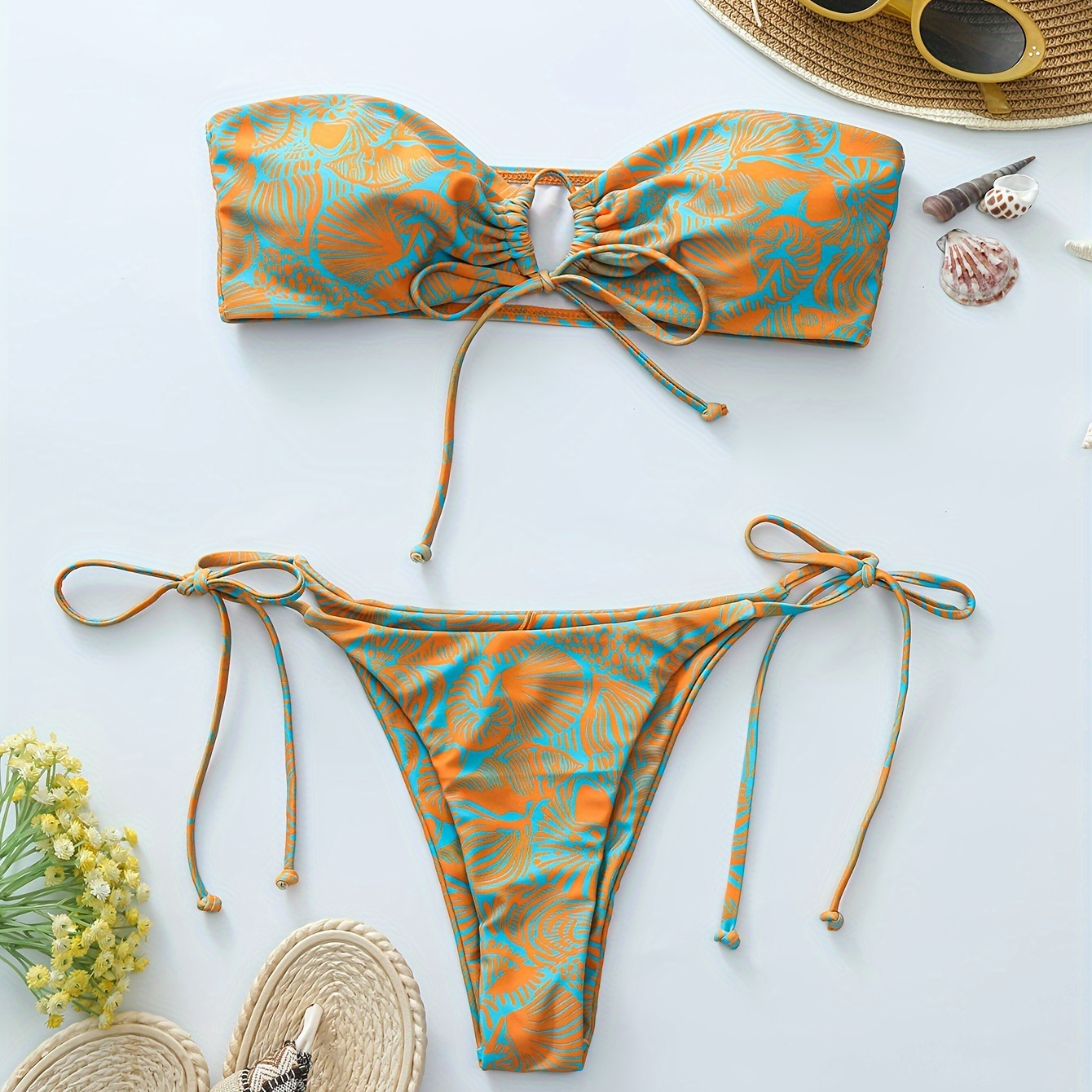 

Allover Print Bandeau 2 Piece Set Bikini, Tube Top Tie Side High Cut Swimsuits, Women's Swimwear & Clothing