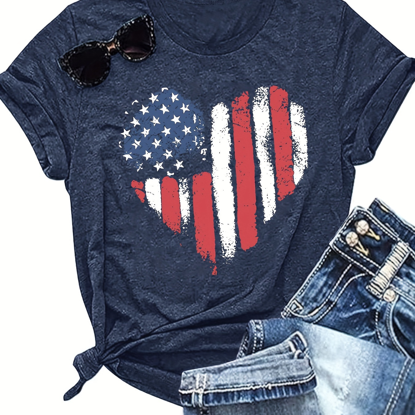 

American Flag Print Crew Neck T-shirt, Short Sleeve Casual Top For Spring & Summer, Women's Clothing