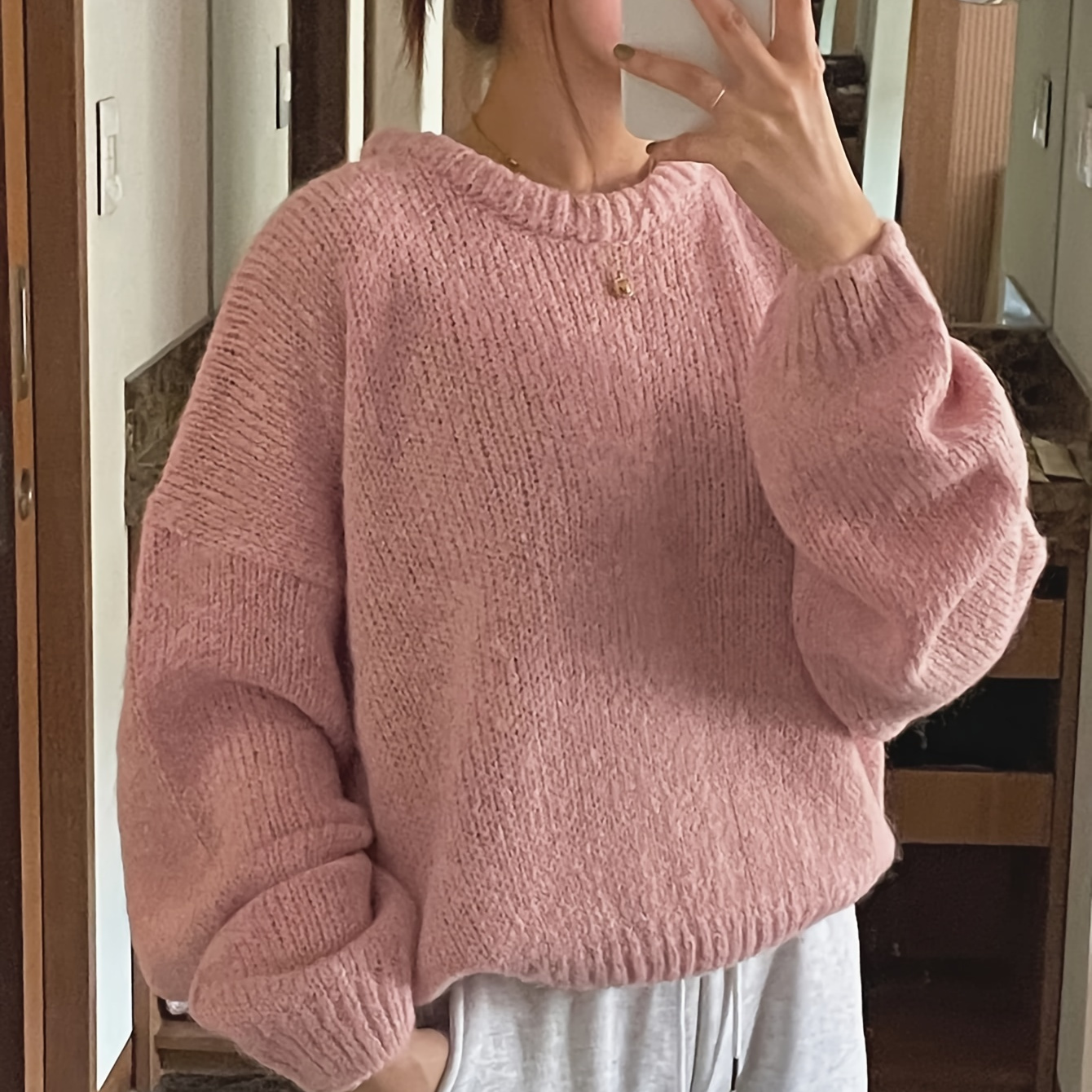 

Pullover décontracté à col rond en tricot de couleur unie, pull à manches longues tombantes pour l'automne et l'hiver, vêtements pour femmes.