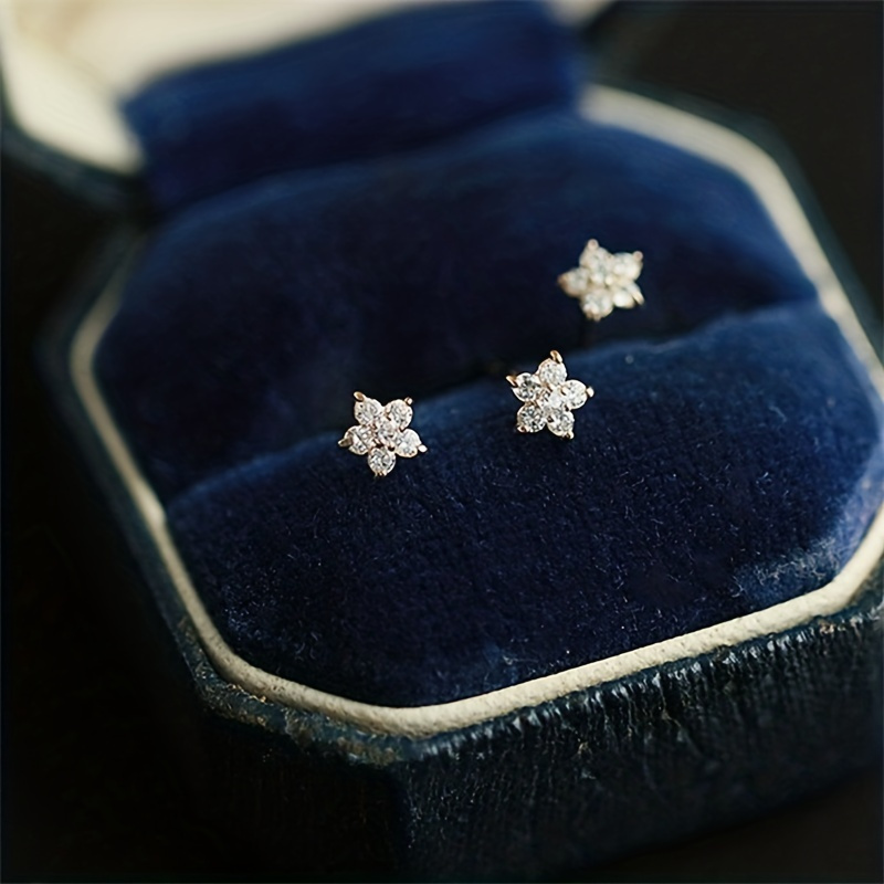 

Simple Flower Shape Stud Earrings Inlaid Shiny Zircon 14k Plated Copper Ear Jewelry Decor
