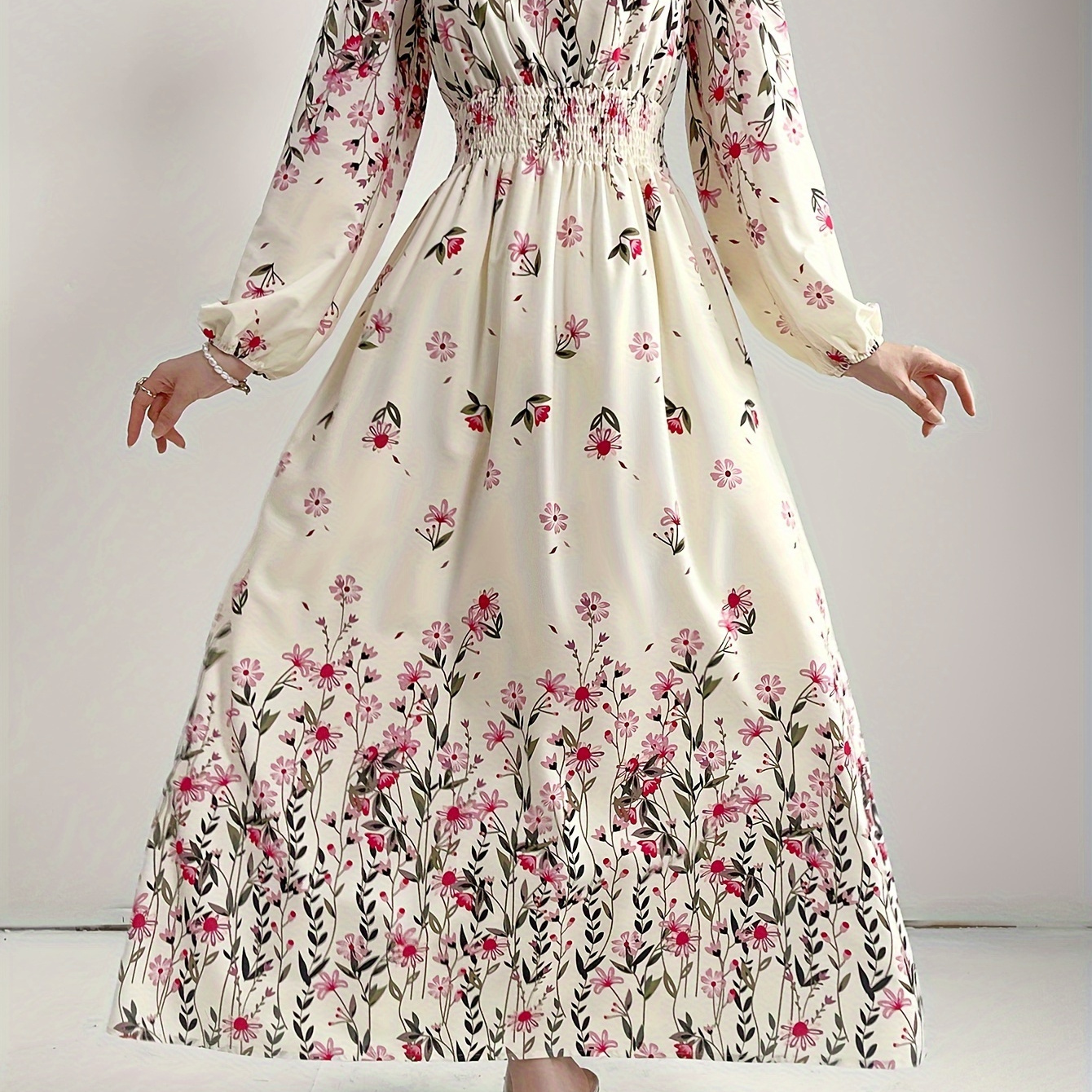 

Floral Print V Neck Dress, Elegant Shirred Waist Long Sleeve Maxi Dress, Women's Clothing