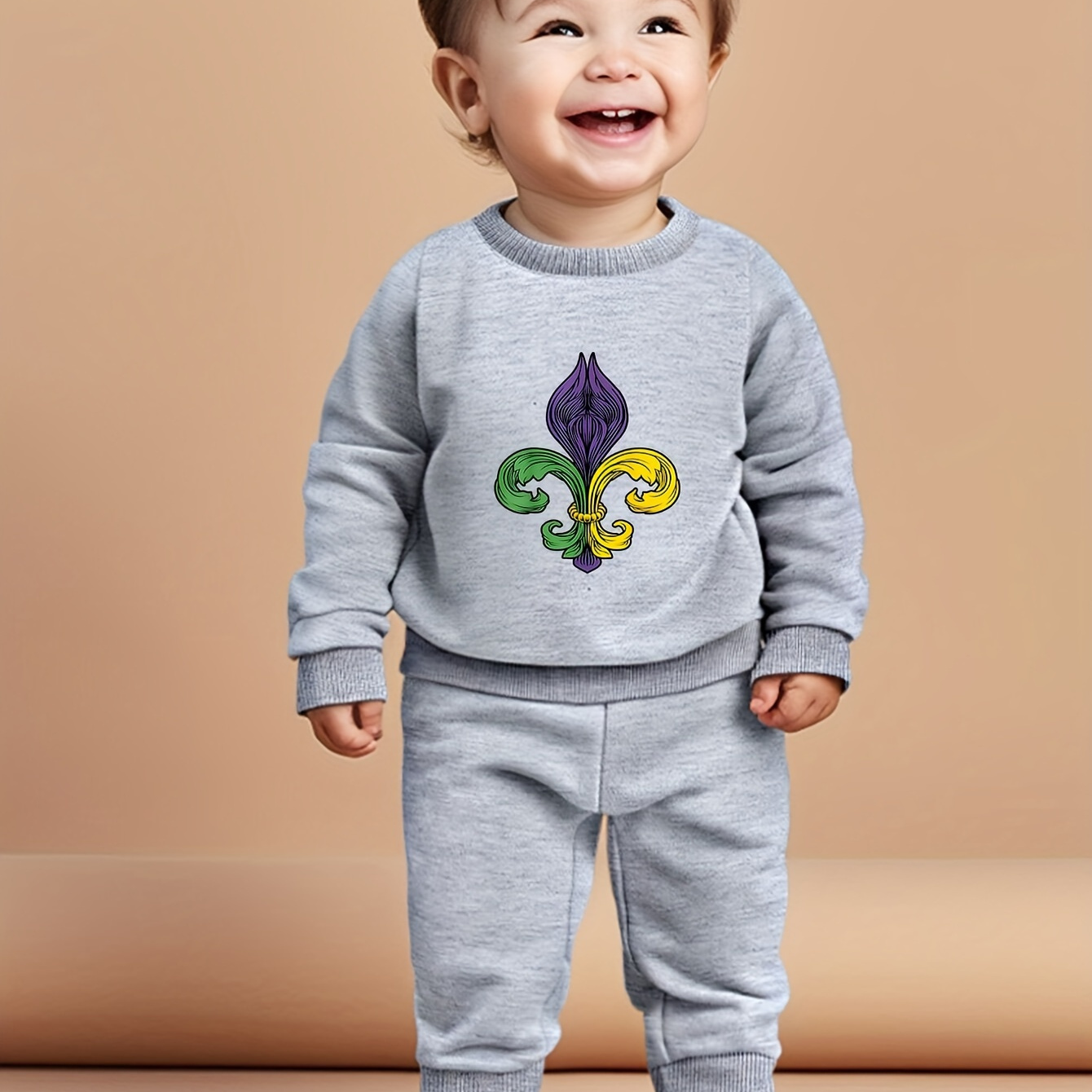 

Baby's 2pcs Mardi Gras Pattern Casual Outfit, Sweatshirt & Pants Set, Baby Boy's Clothing