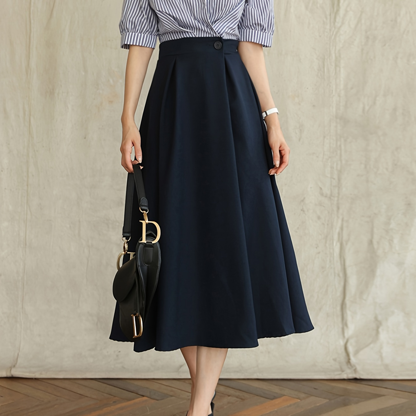 

Solid Color High Waist Skirt, Chic Button Waist A-line Skirt For Spring & Summer, Women's Clothing