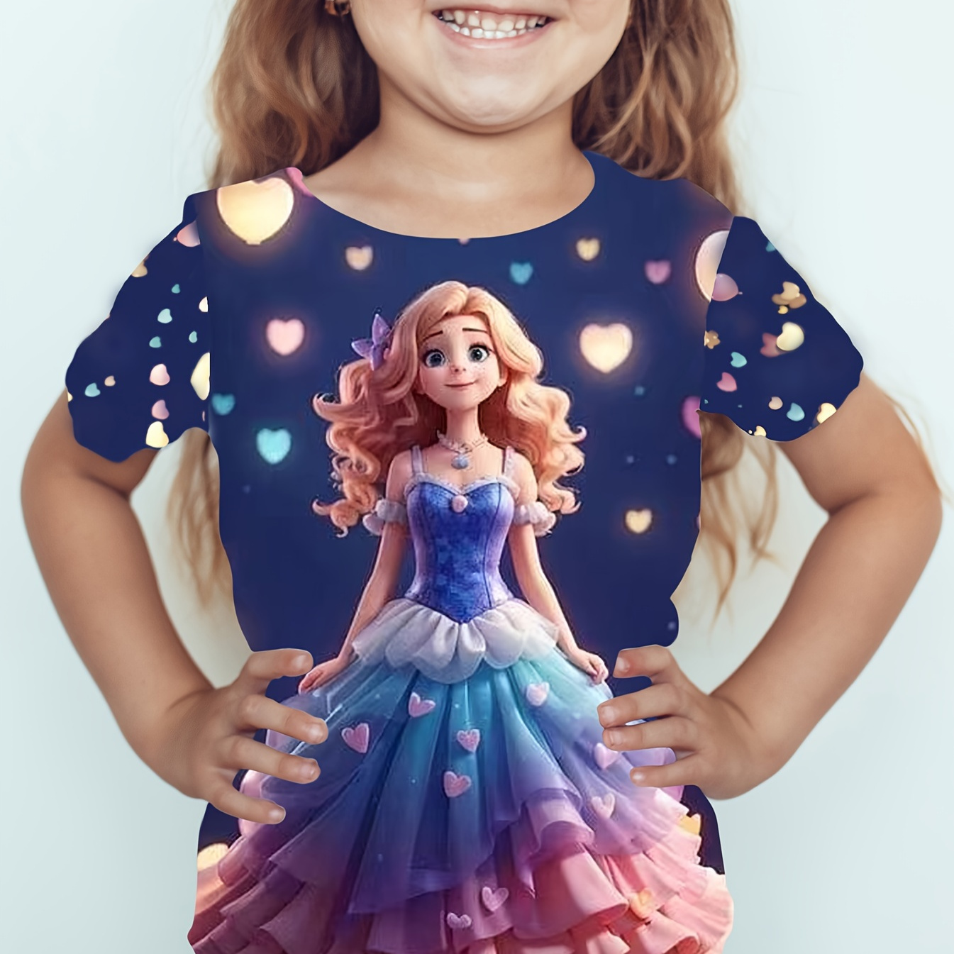 

Cartoon Princess & Hearts Graphic Print Tee, Girls' Trendy & Comfy Short Sleeve Crew Neck T-shirt For Spring & Summer, Girls' Clothes