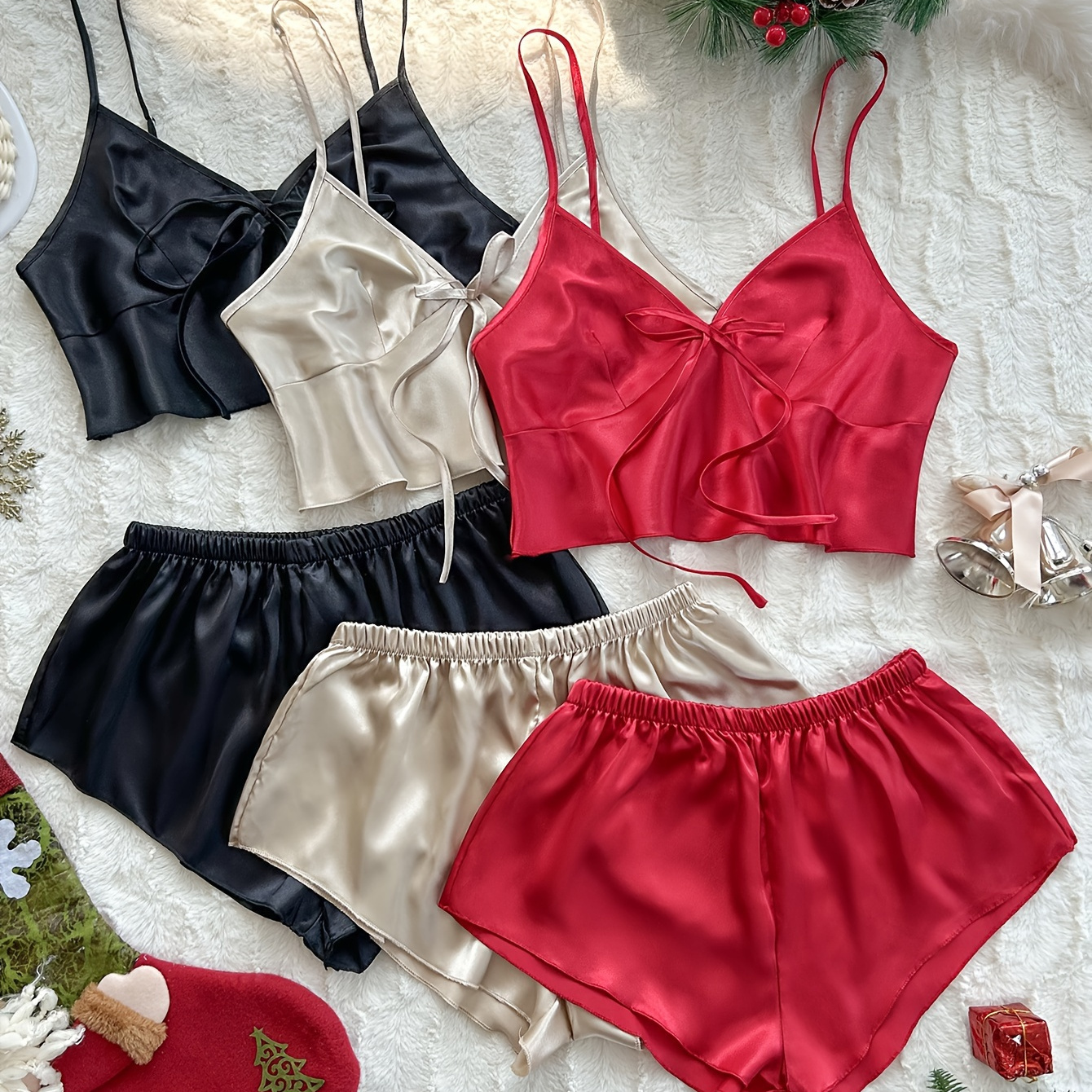 

Valentine's Day Women's Luxe Satin Pajama Set - 6pcs, V-neck Cami & Shorts, Solid Color, Sleepwear, Christmas, Mini, Silk