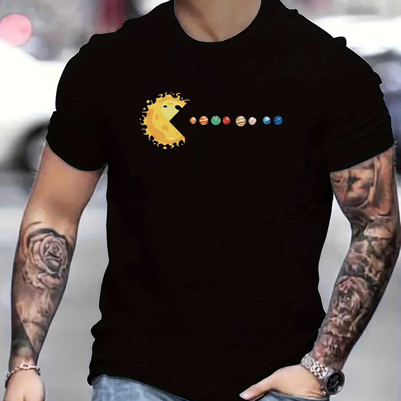 

Sun & Planet Print Crew Neck T-shirt For Men, Casual Short Sleeve Top, Men's Clothing