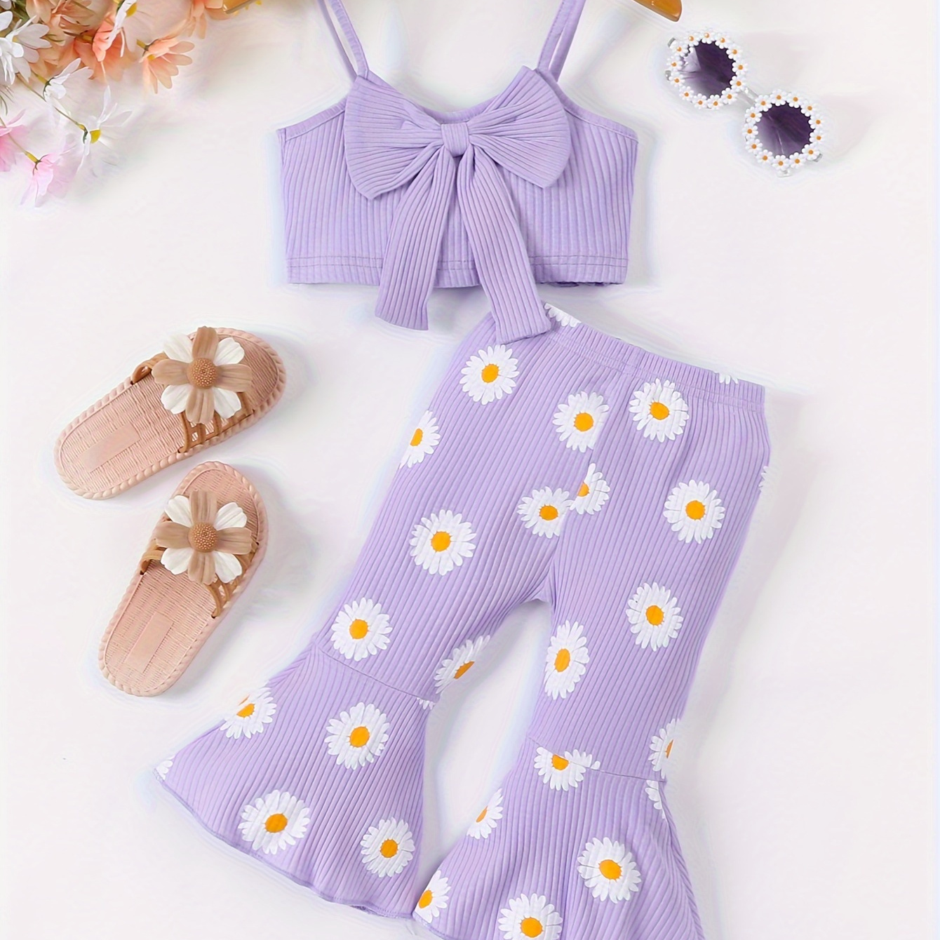 

2pcs Infant & Toddler's Cartoon Daisy Print Casual Ribbed Set, Shirred Bowknot Cami Top & Flared Pants, Baby Girl's Clothes