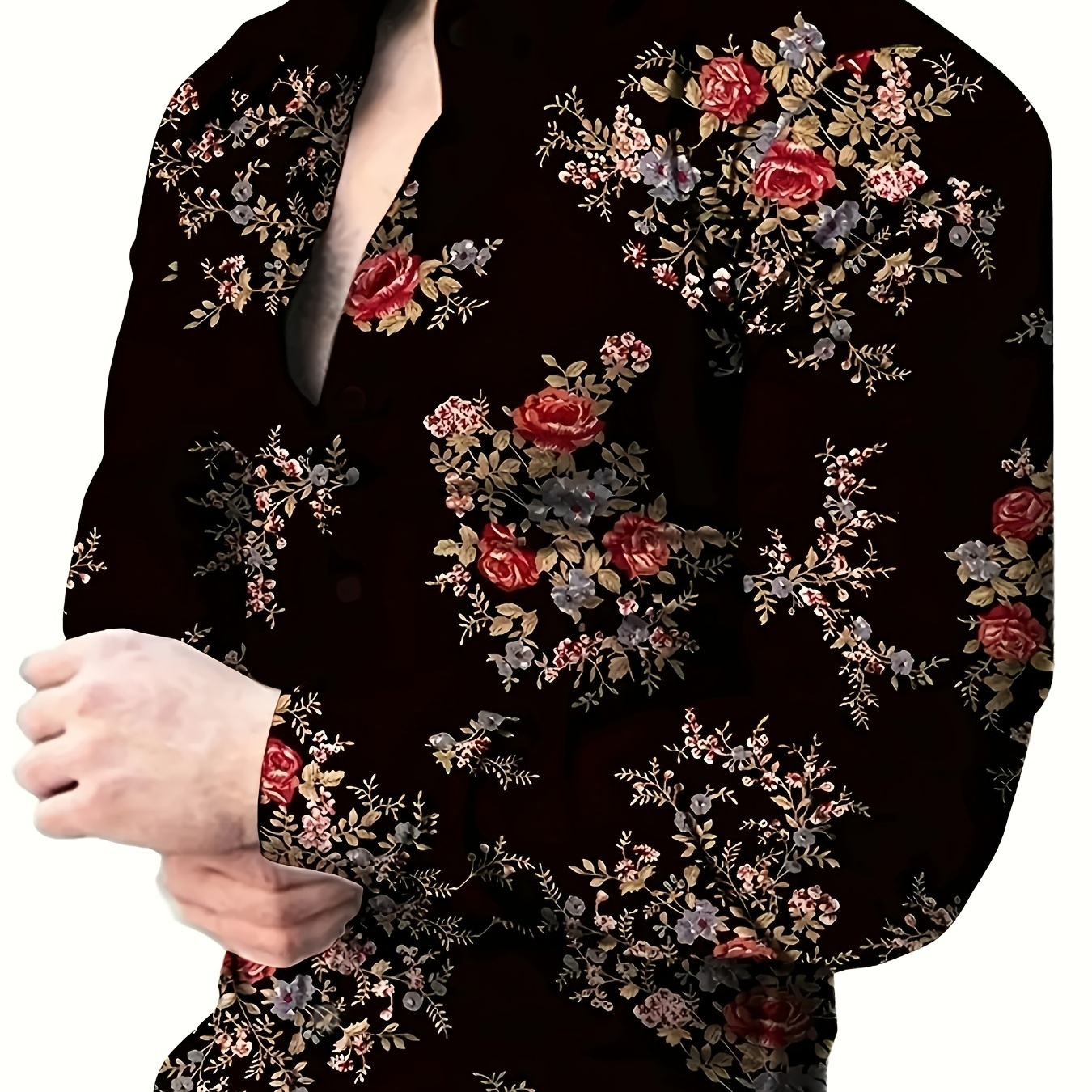 

Men's Casual Floral Print Long Sleeve Shirt - Polyester & Spandex Blend, Button-up With Lapel Collar, Machine Washable - Spring/fall