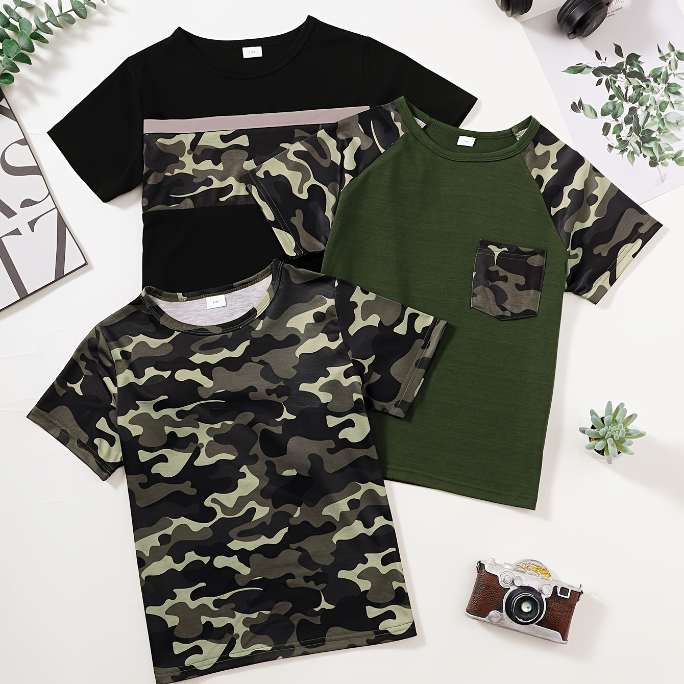 

Lot de 3 T-shirts à motif camouflage pour garçons, haut à manches courtes décontracté, vêtements pour garçons