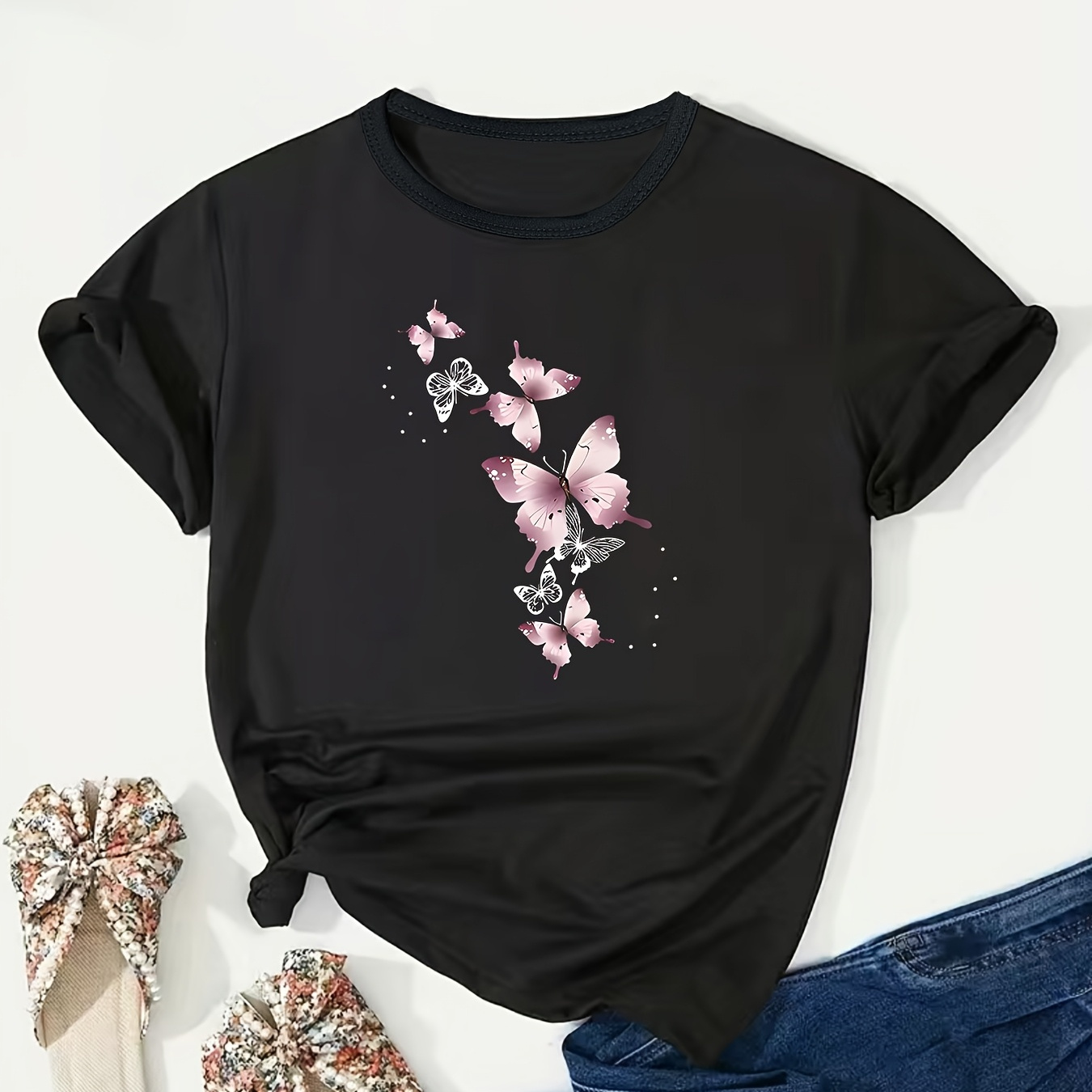 

T-Shirt Chic Grande Taille Rose à Imprimé Papillon pour Femme - Col Rond Décontracté, Manches Courtes, Mélange de Polyester Extensible, Lavable en Machine - pour /Été