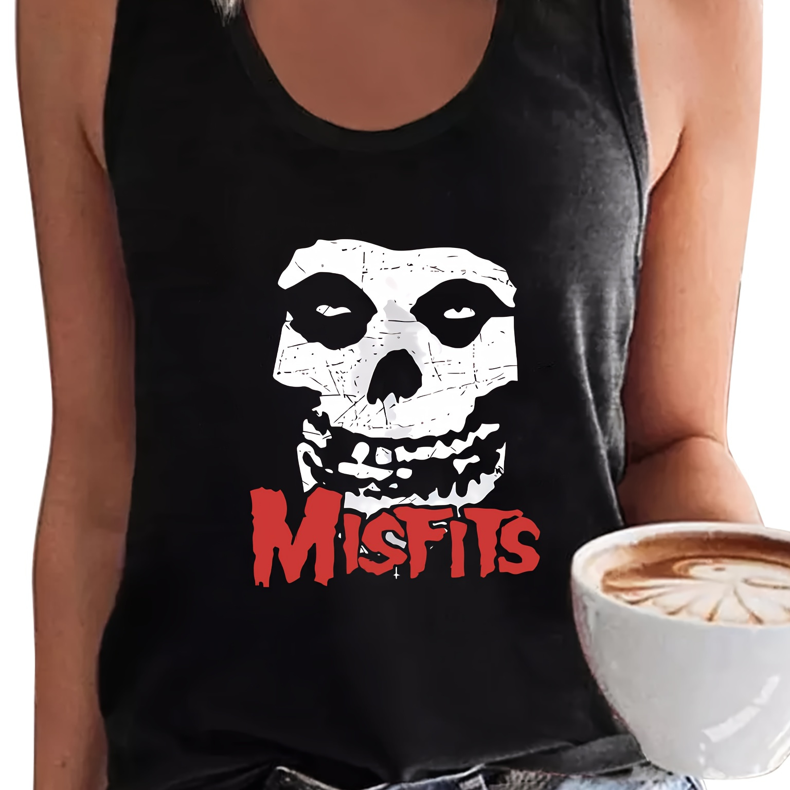 

Women's "" Skull Graphic Tank Top - Casual Black Sleeveless Shirt With Distressed Design, Polyester And Elastane , Machine Washable