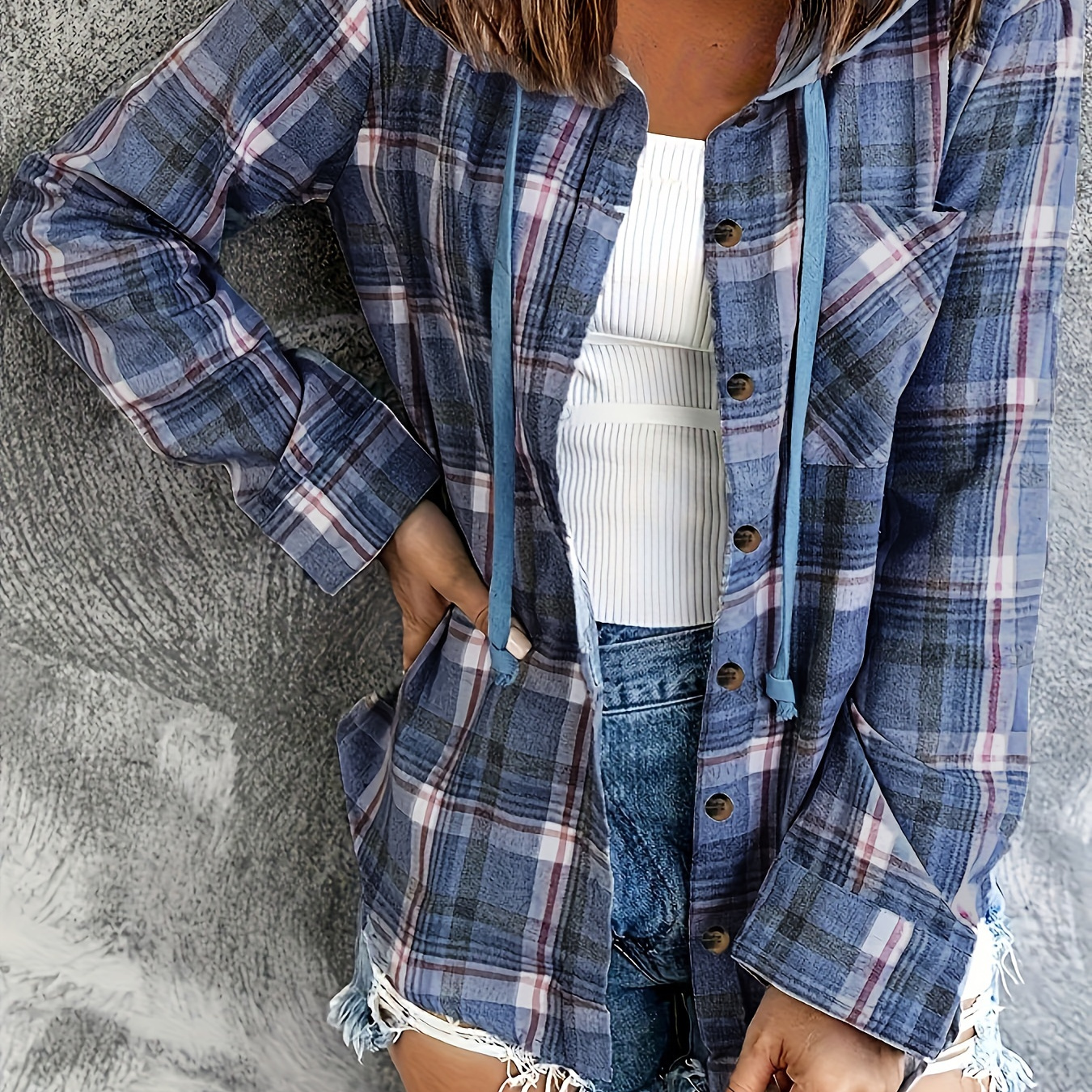 

Plus Size Plaid Print Shirt, Casual Long Sleeve Button Front Hooded Shirt, Women's Plus Size Clothing
