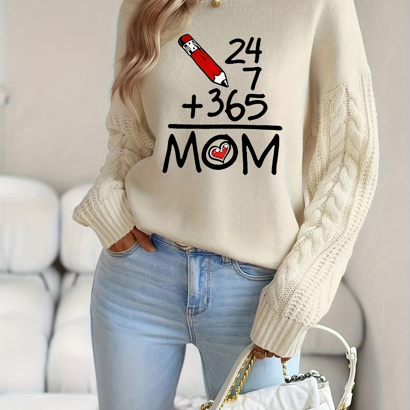 

[1pc Alphabet Neck Pullover Sweater] Chic Crew Neck Pullover Sweater For Women, Polyester Knit Fabric, Long Sleeve, Loose Fit, With Alphabet Print, For Fall/winter Collection