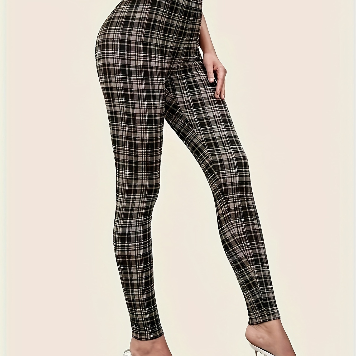 

Women's Elegant Plaid Print Leggings - Polyester Knit Fabric With Elastane Stretch, Comfort, Chic Style, Middle Collection - No Details Design