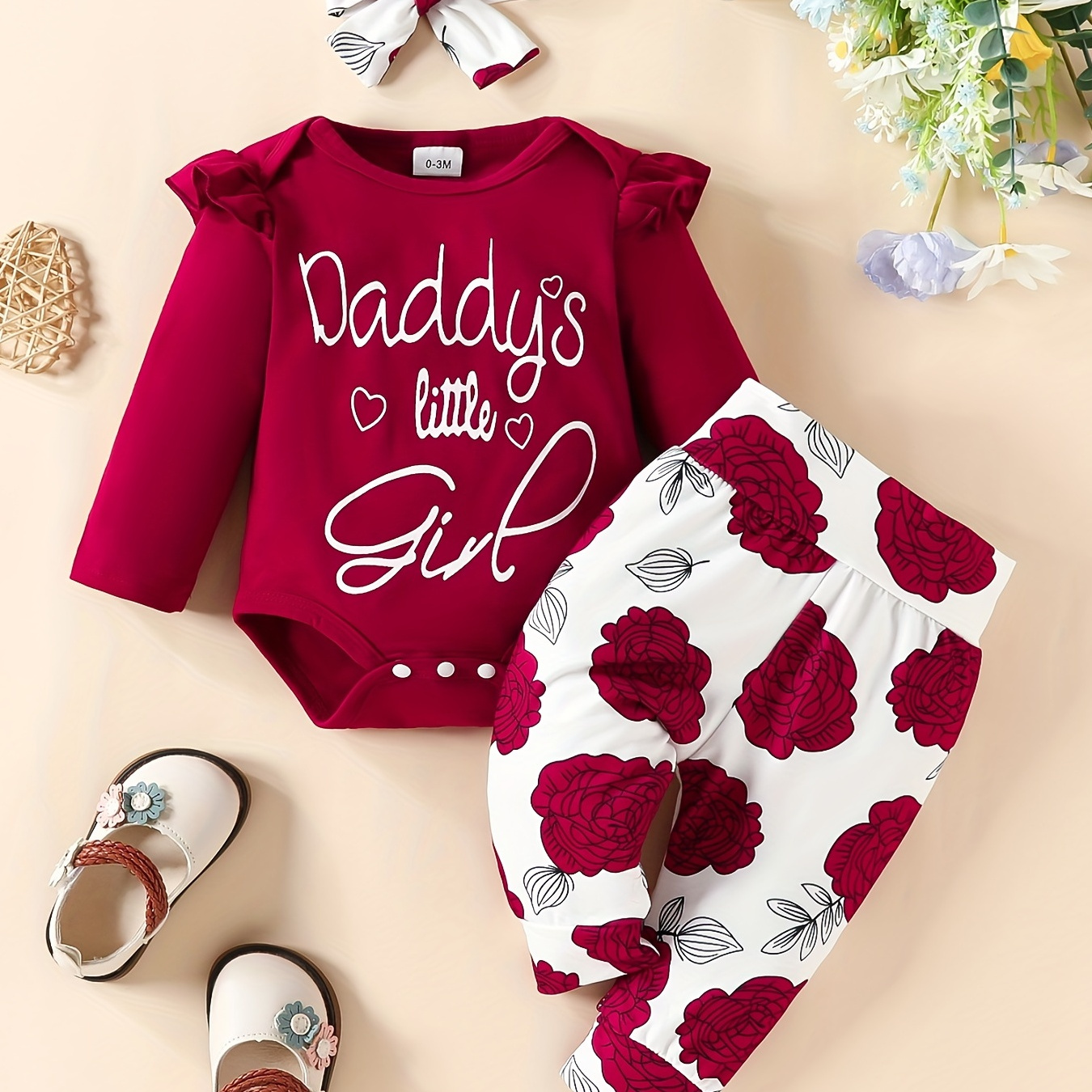 

3pcss Baby Cute Casual Outfits - Long Sleeve Top With Letter "daddy's Little Girl" + Floral Trousers +hairband Set, Infant Newborn Stylish Clothes