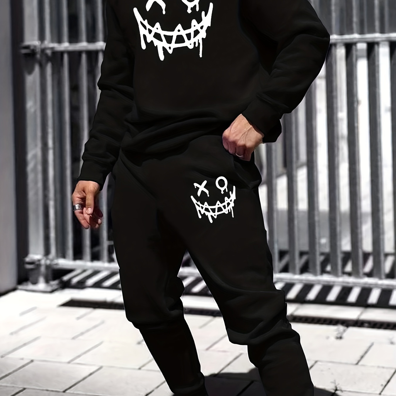 

Trendy Monster Face Print, Men's 2pcs Outfits, Casual Hoodies Long Sleeve Hooded Shirts Pullover Sweatshirt And Drawstring Sweatpants Joggers Set For Spring Fall, Men's Clothing