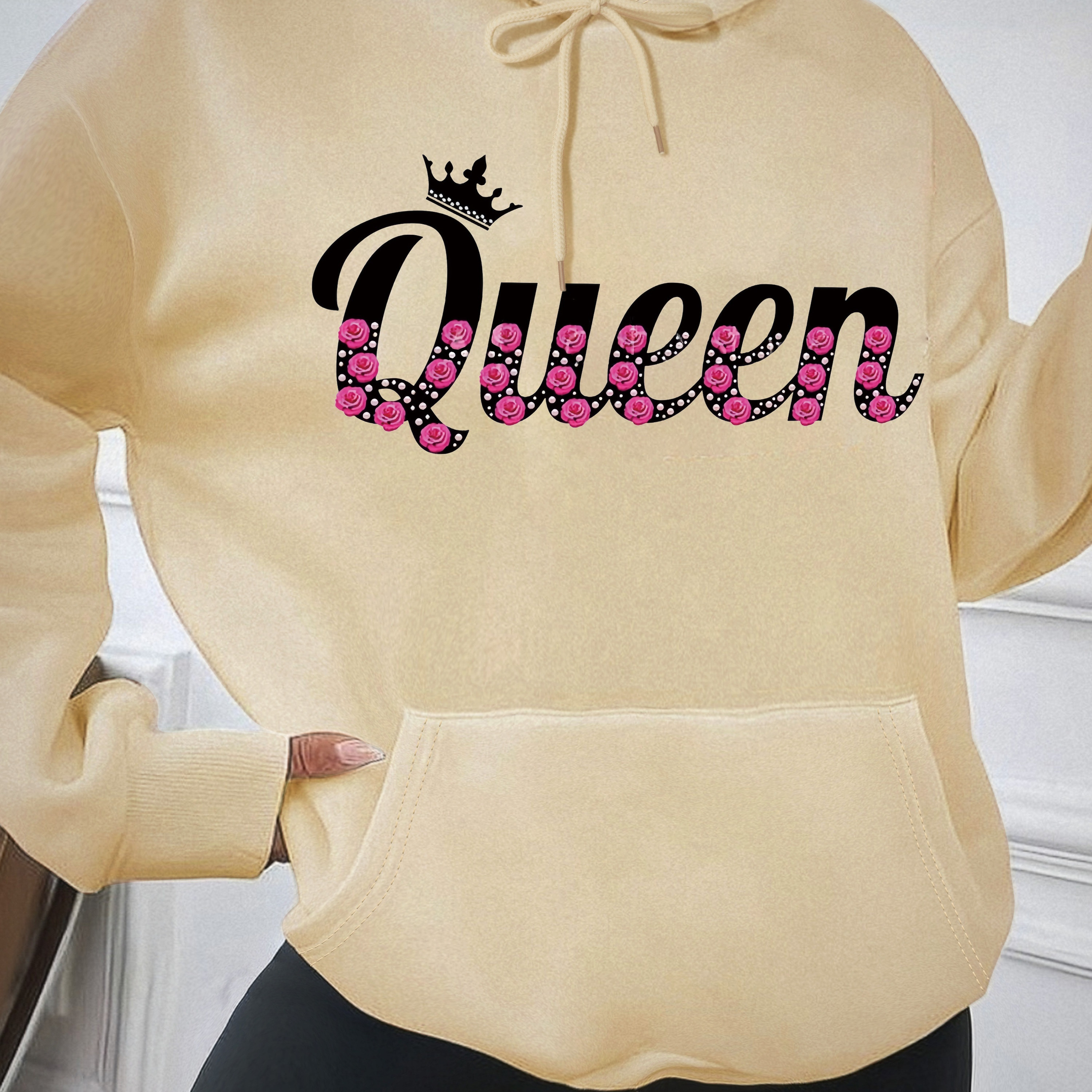 

Rosy Queen Letter Print Hoodie - Women's Fashion Casual Sweatshirt With Geometric Patterns And Letter Design