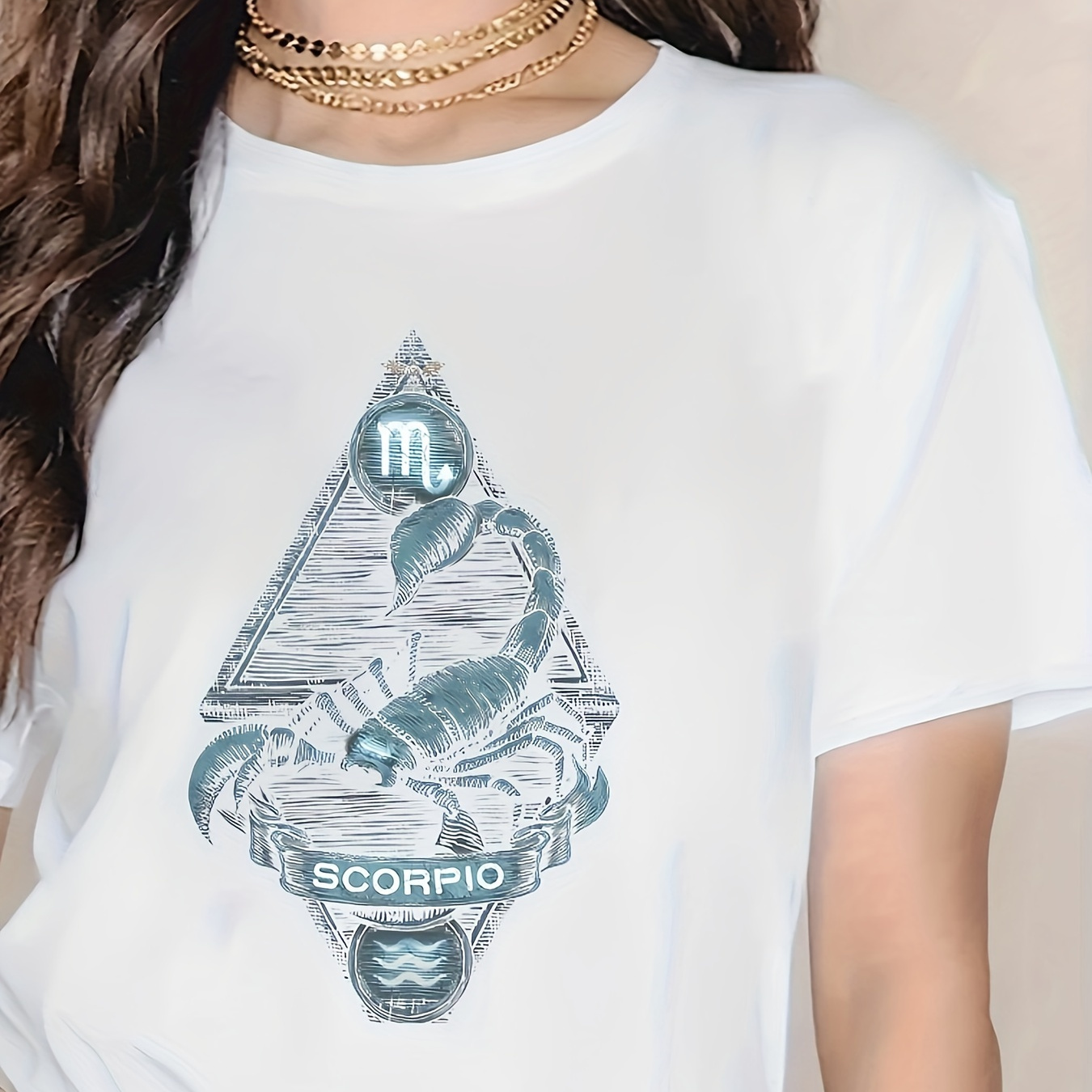 

Scorpio Print Crew Neck T-shirt, Short Sleeve Casual Top For Summer & Spring, Women's Clothing