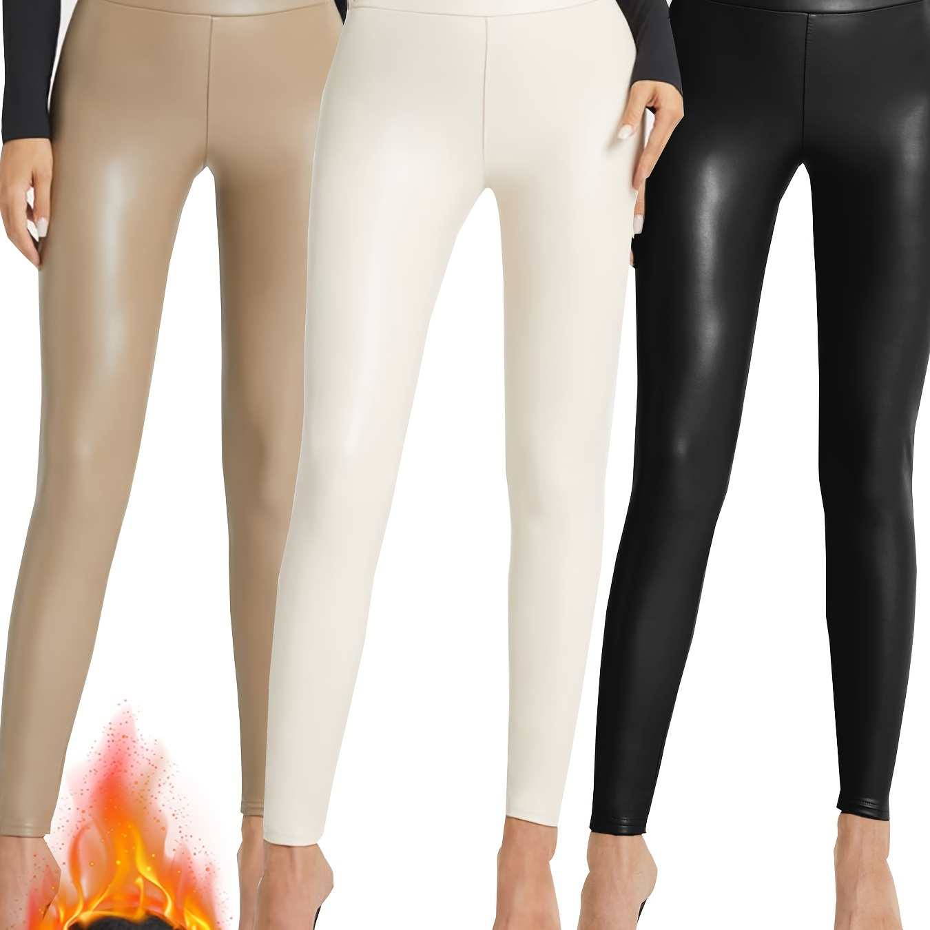 

3pcs Women's High-waist Leather Leggings - Slimming, Fleece-lined For Winter , Stretchy & Comfortable, Casual Solid Color Pu Pants