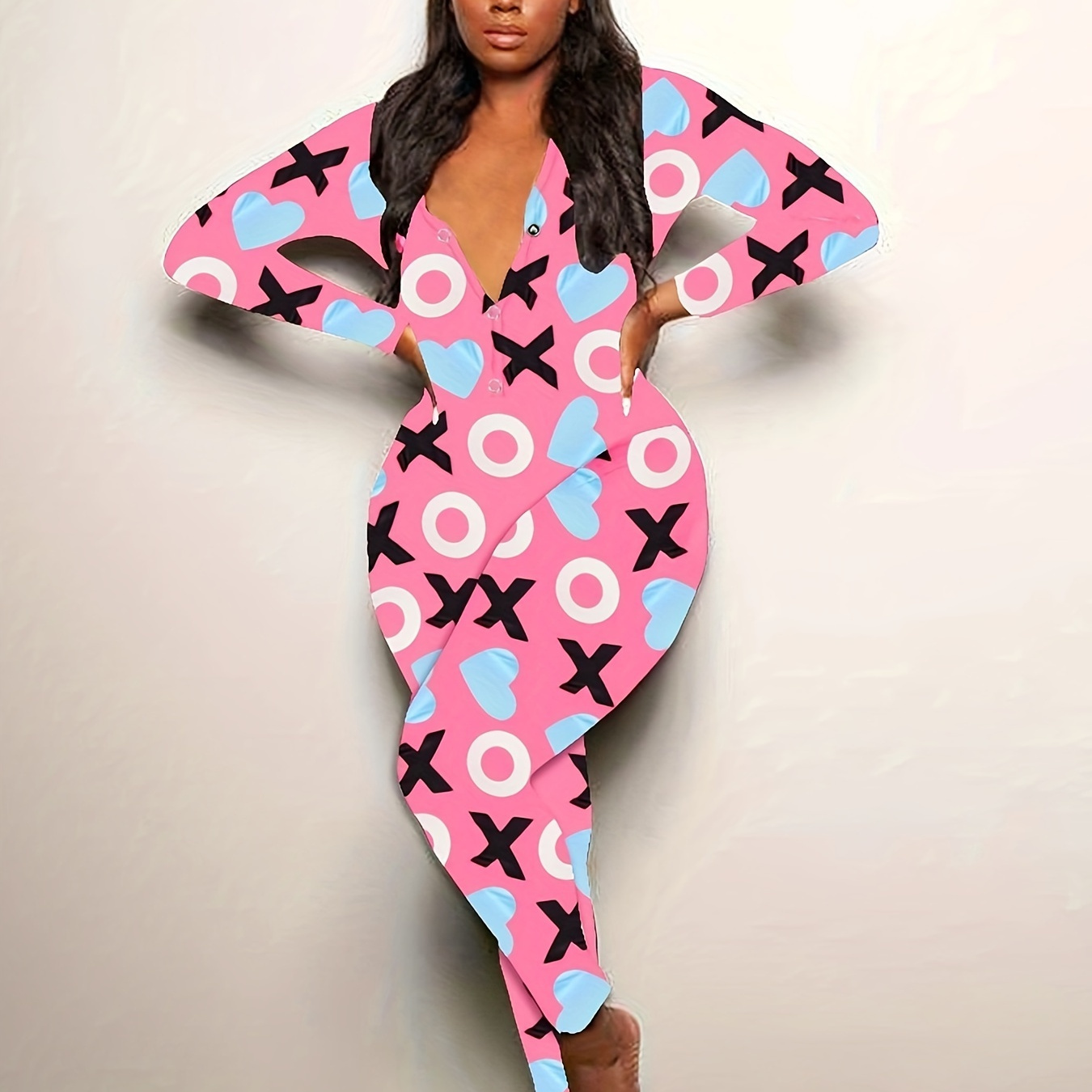 Heart Print Lounge Jumpsuit, Long Sleeve V Neck Buttons Romper, Women's Loungewear & Sleepwear