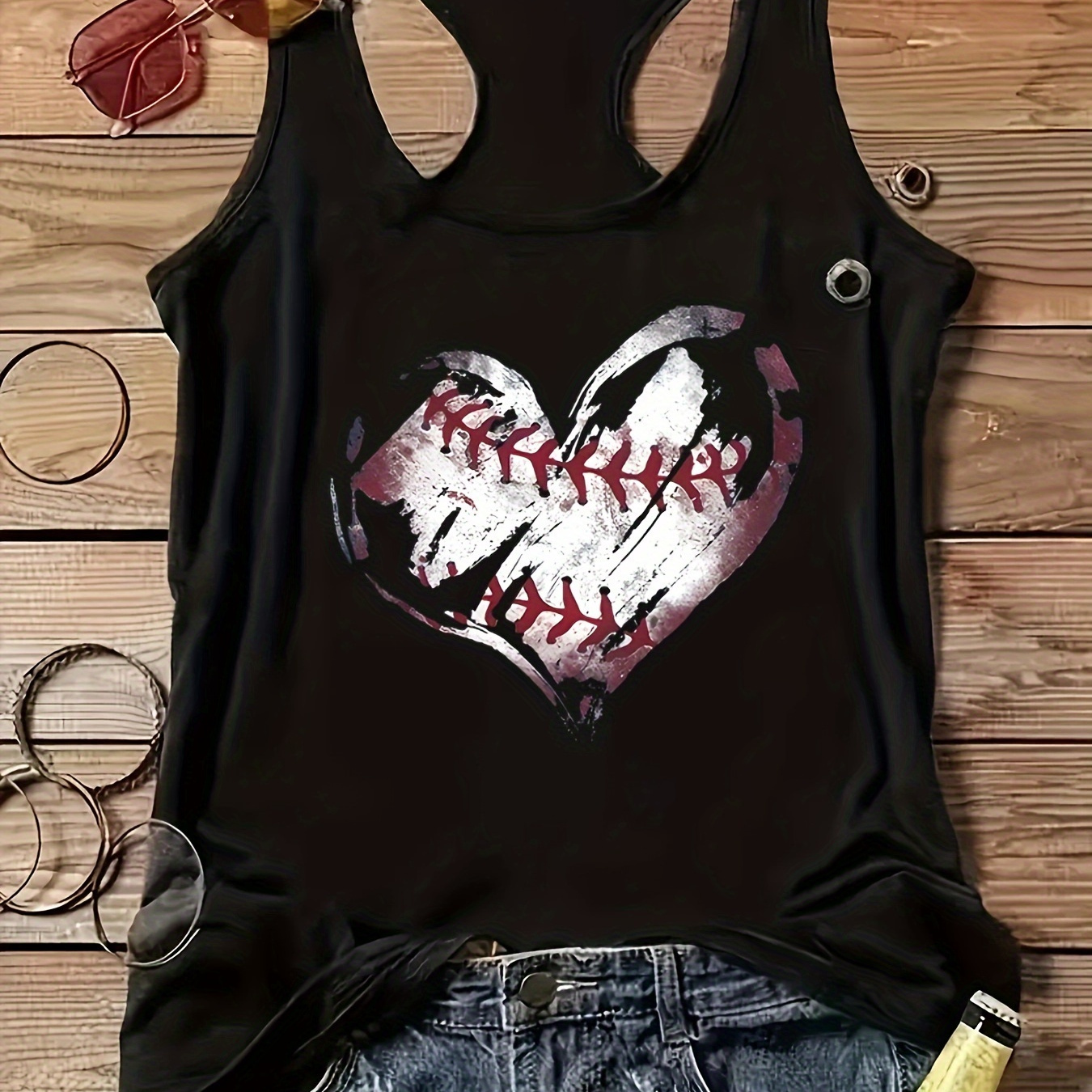 

Heart Print Tank Top, Casual Sleeveless Tank Top For Summer, Women's Clothing