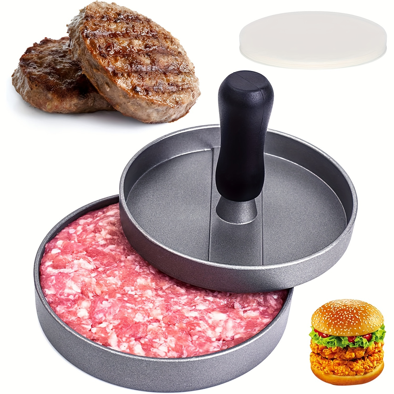 Smash Burger Press-Heavy Duty Hamburger Press with Heat Insulation Handle-6  Inch Cast Iron Burger Smasher,Bacon Press,Sandwich Press-Round Grill Press